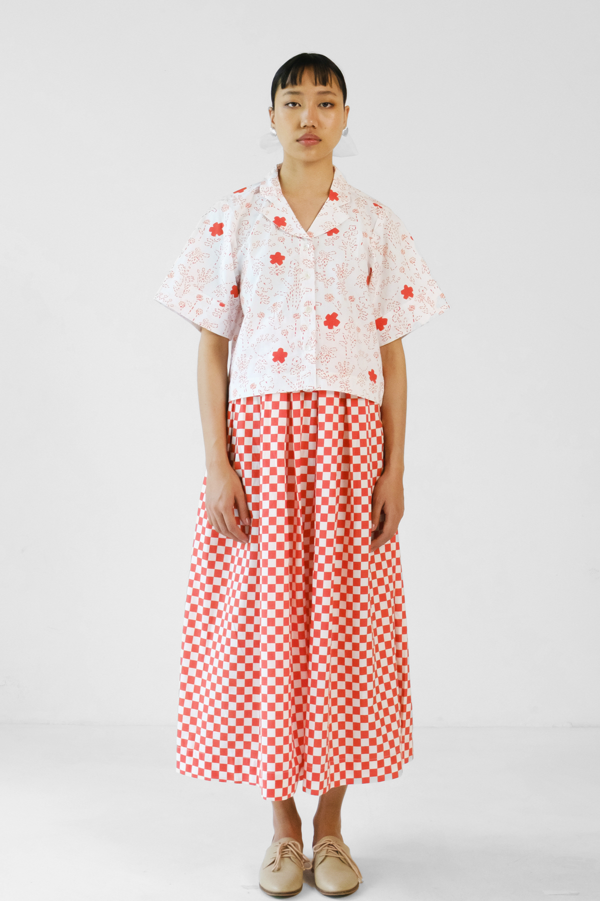 Red Checks Printed Skirt Set
