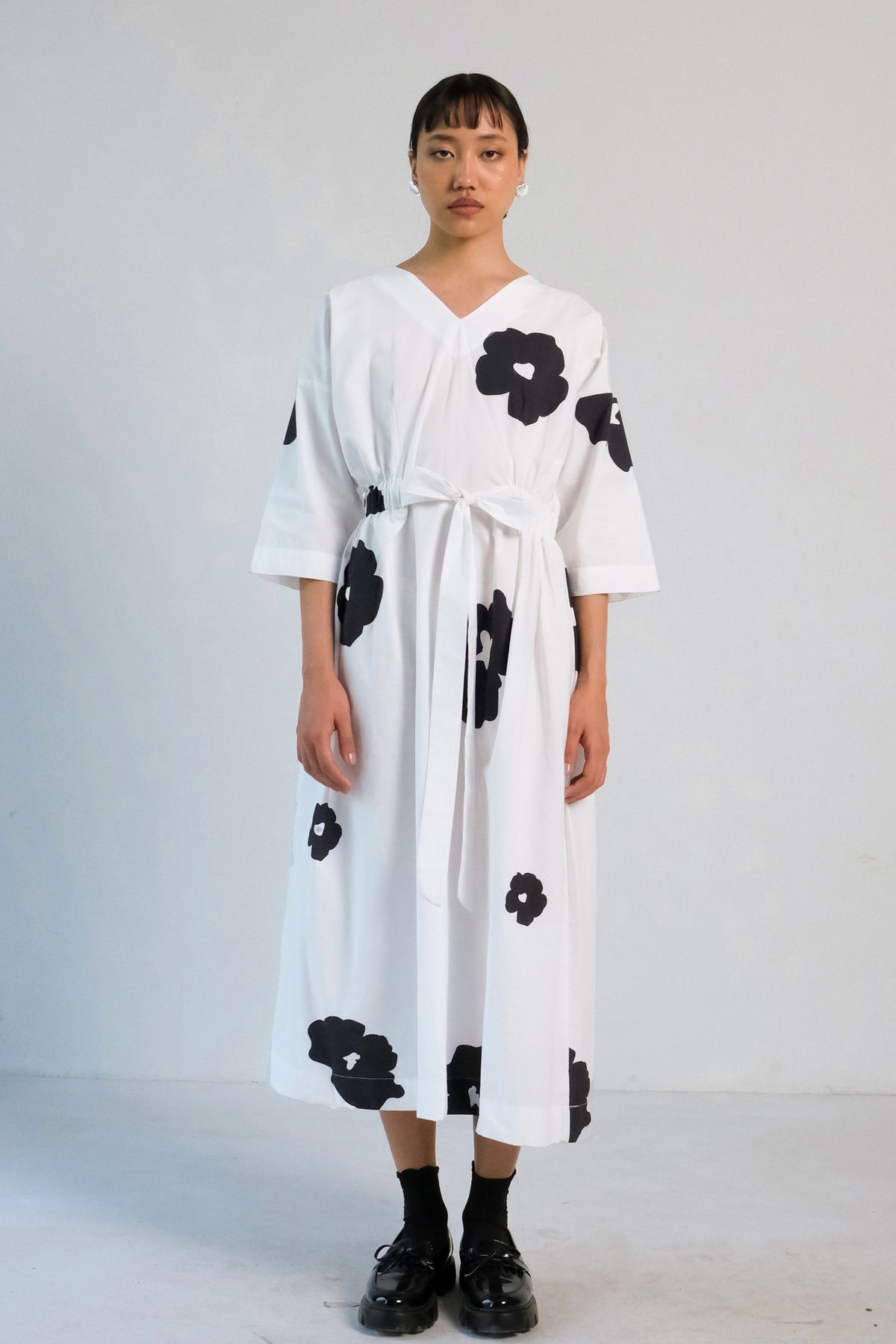 White Black Poppy Belt Dress