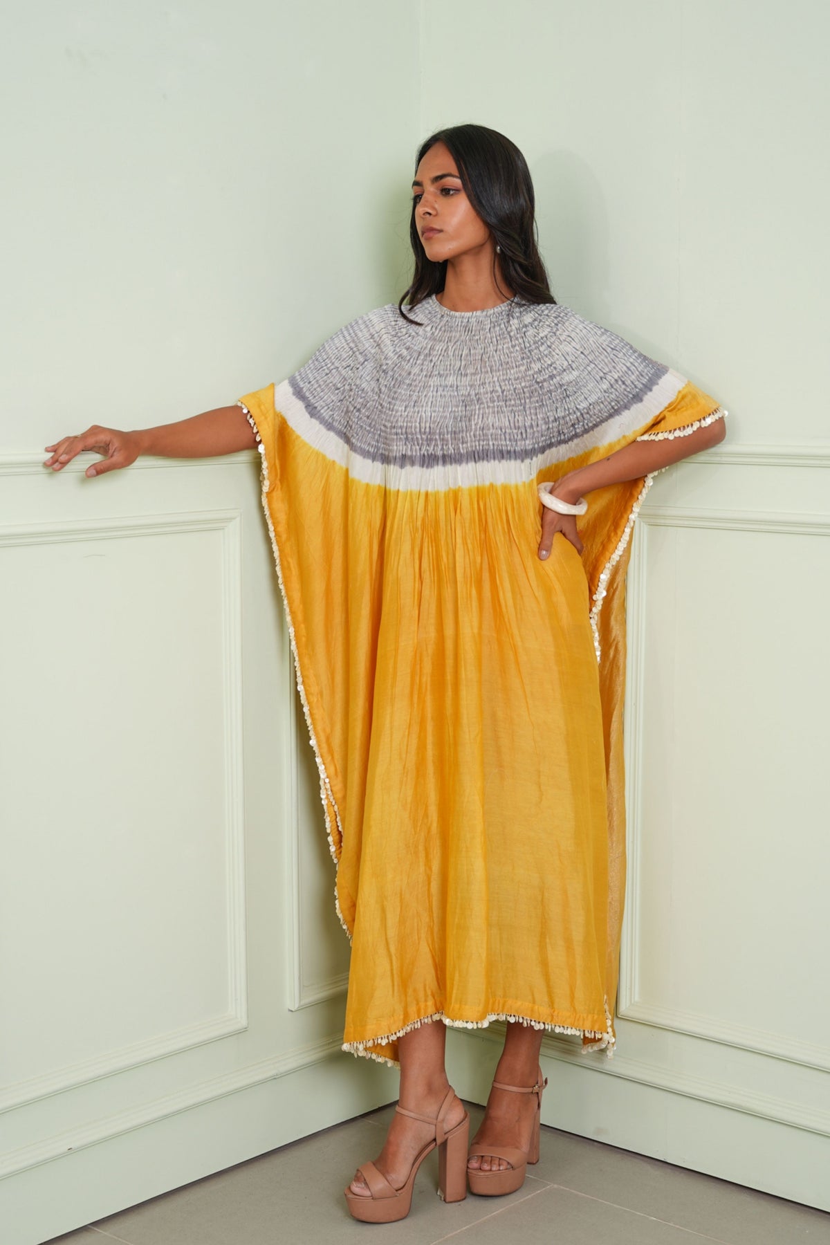 Yellow Shibori Tissue Kaftan