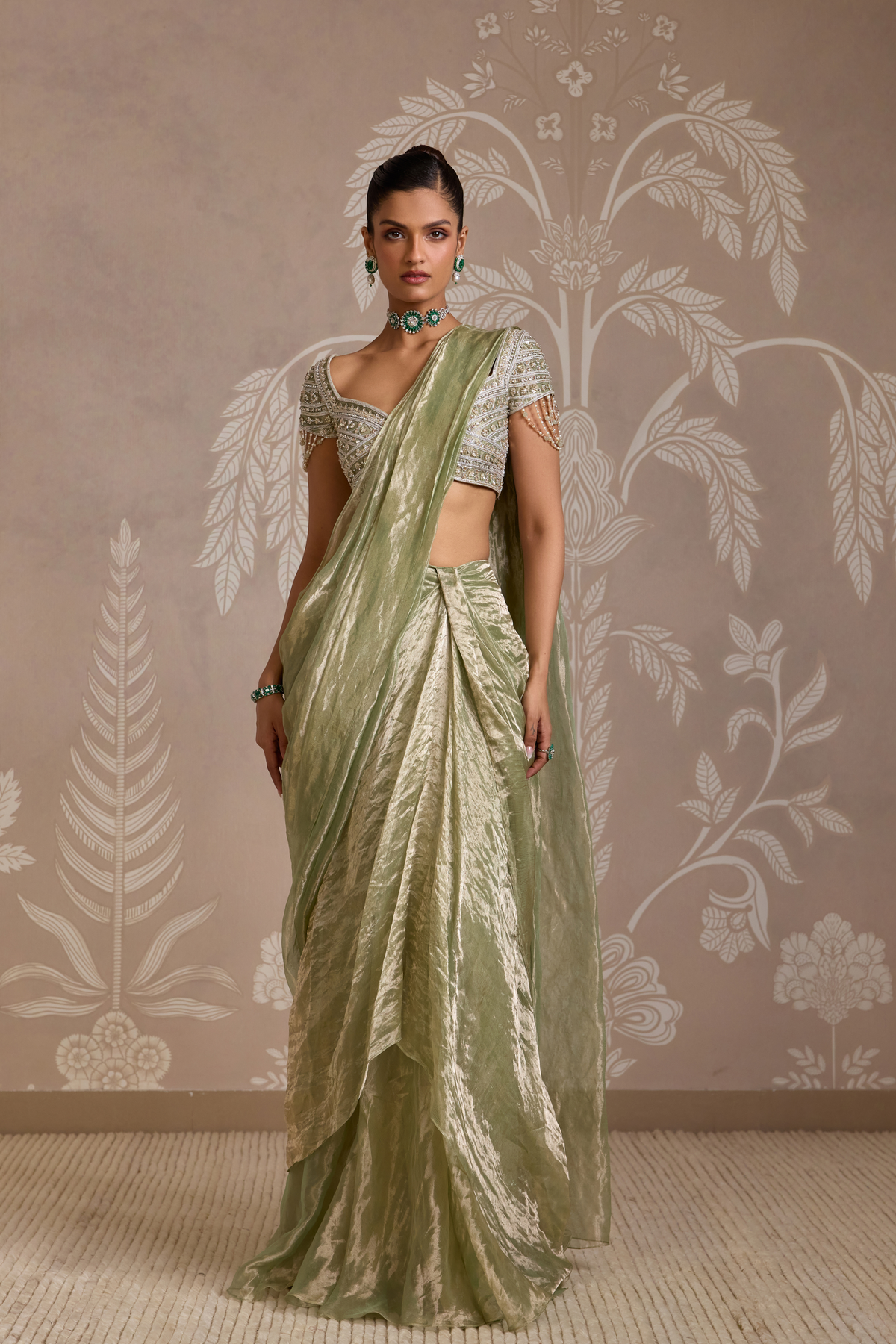 Mint Gold Drape Saree Set