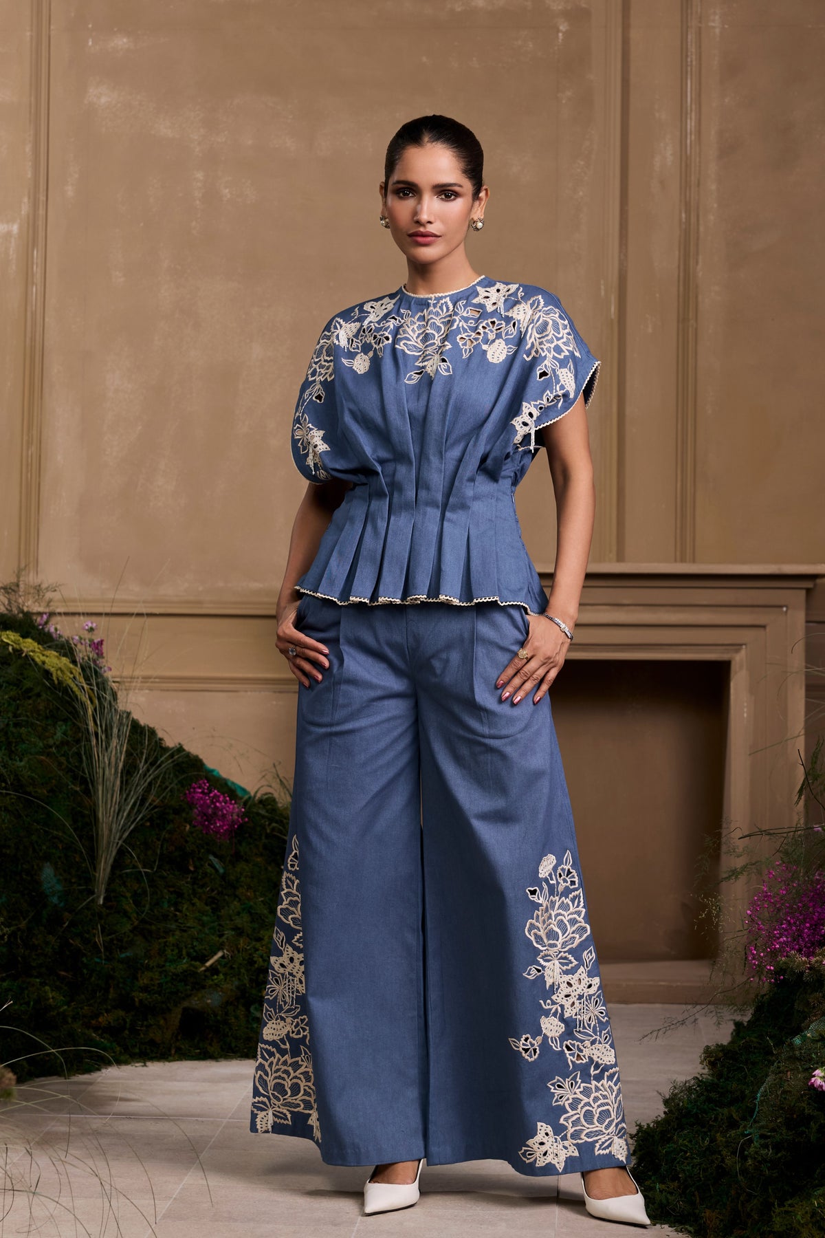 Blue Contrast Cutwork Pleated Top