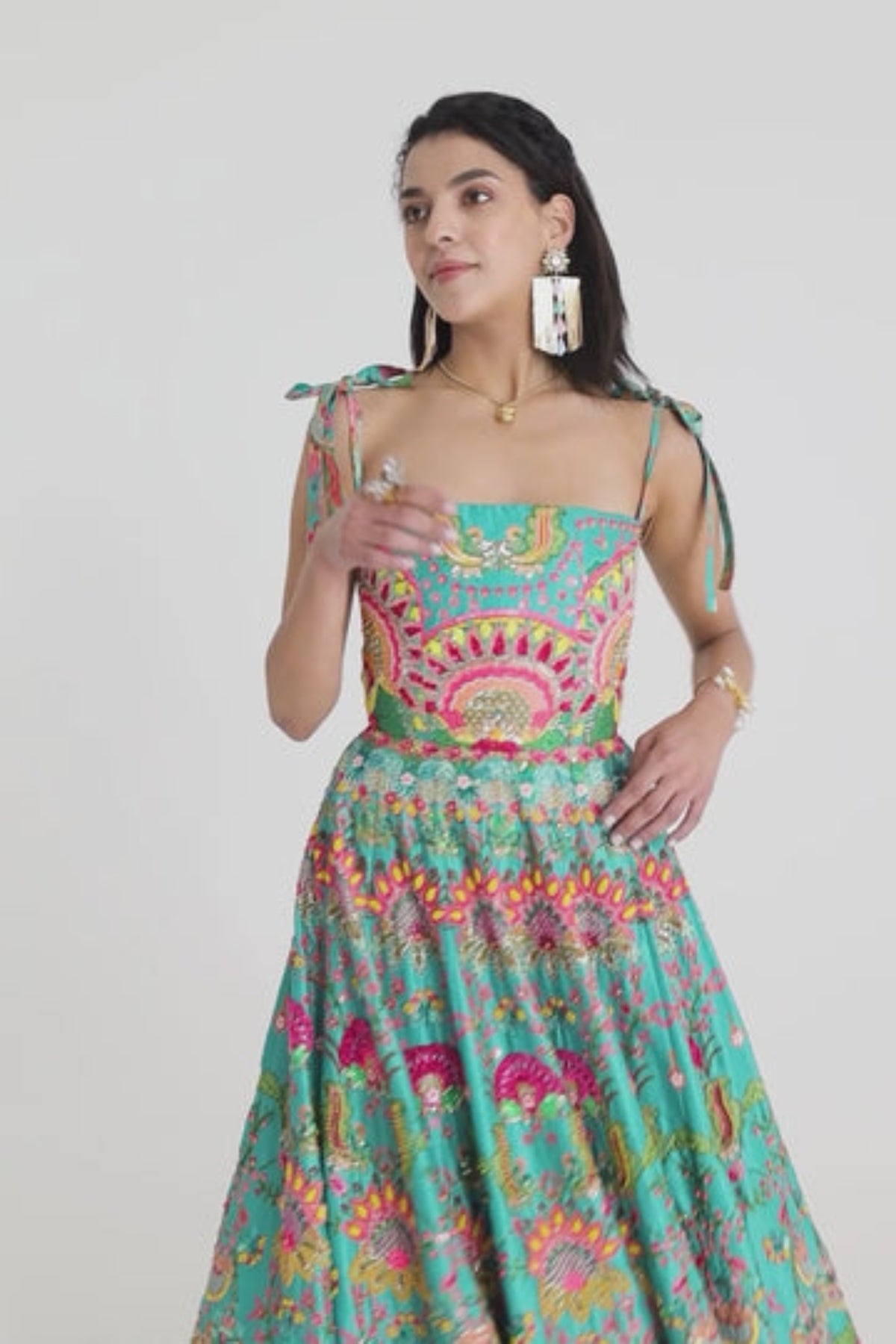 Hawaiian Teal Embroidered Corseted Gown