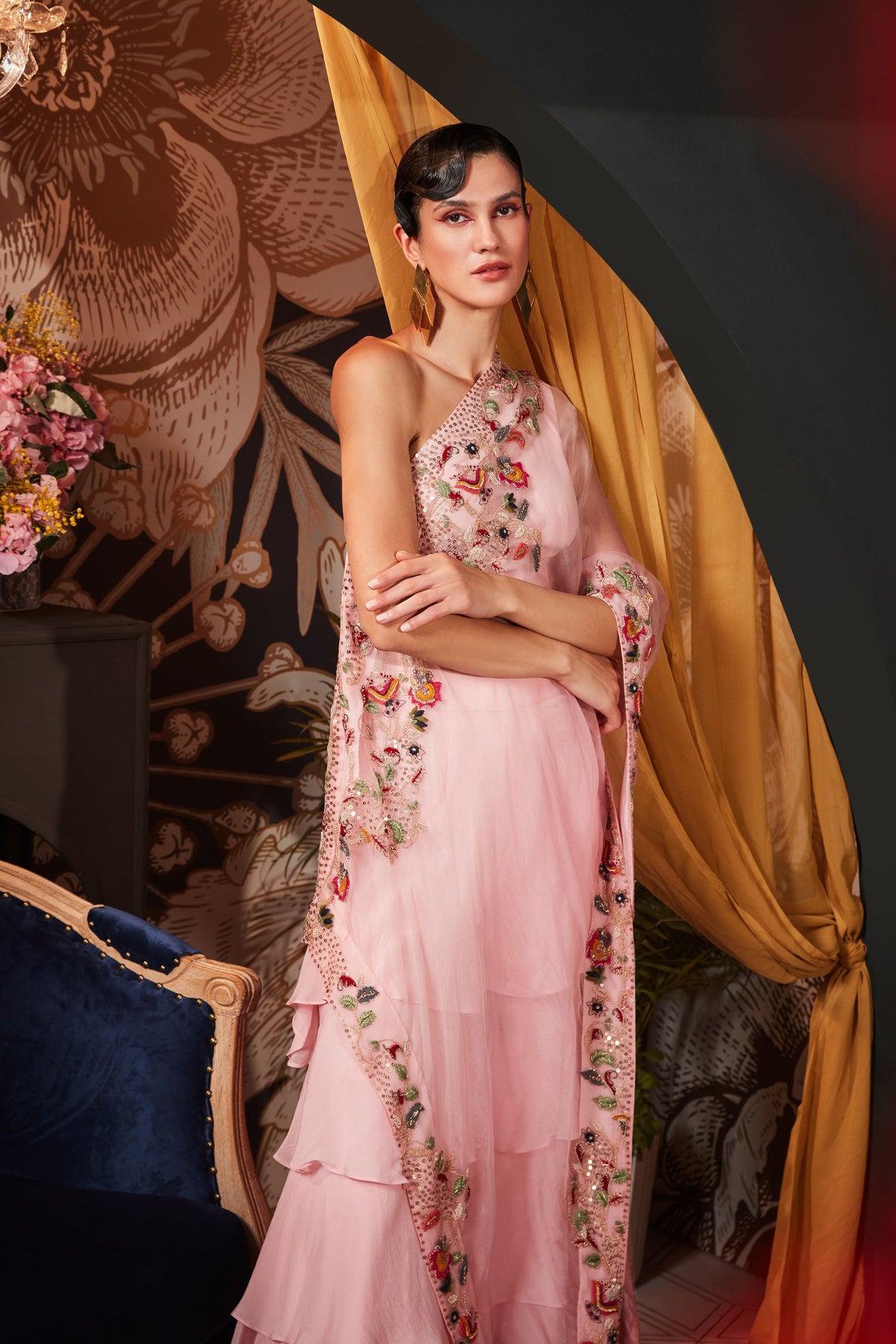 Pink One Shoulder Drape Set