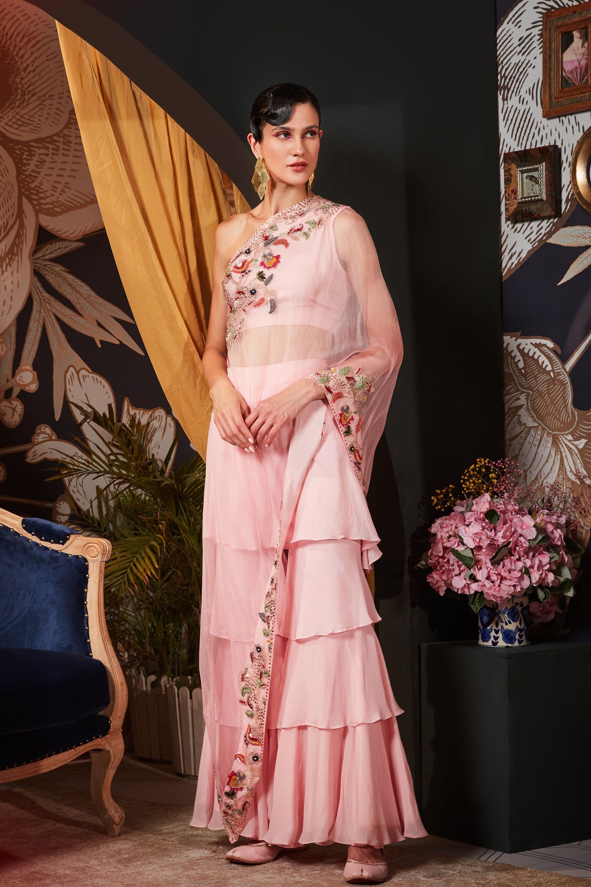Pink One Shoulder Drape Set