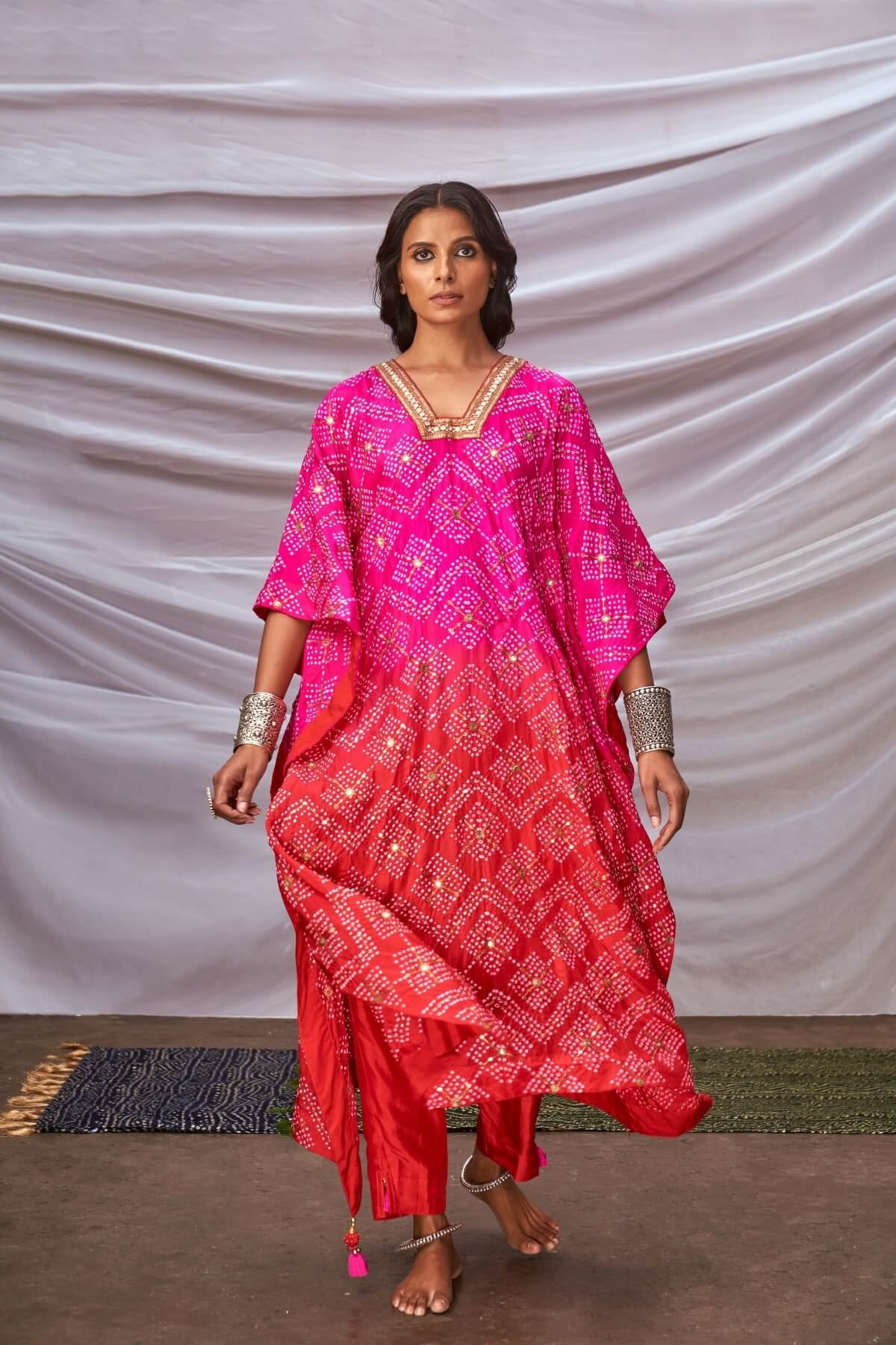 Pink red ombré bandhani kaftan