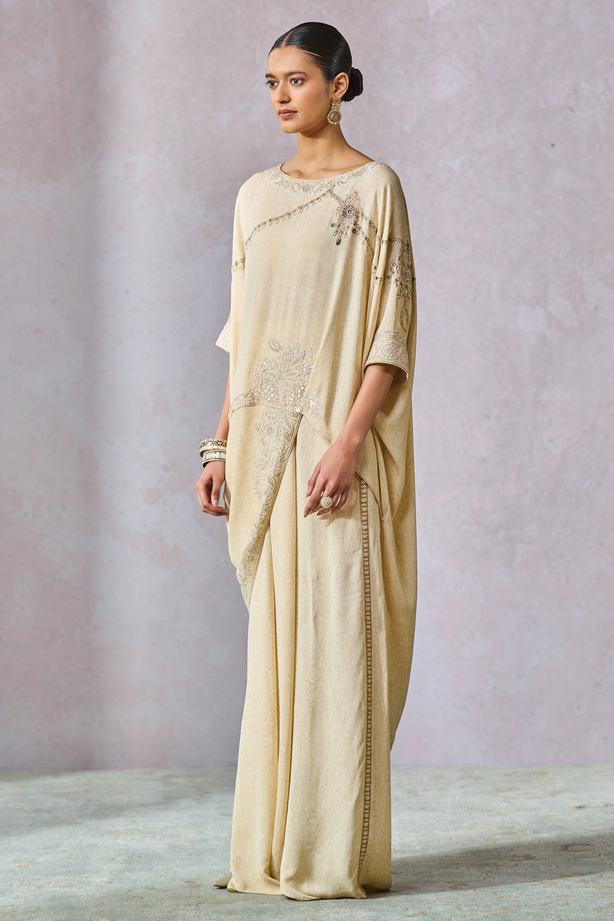 Ecru Asymmetric Kimono Style Top With Dhoti