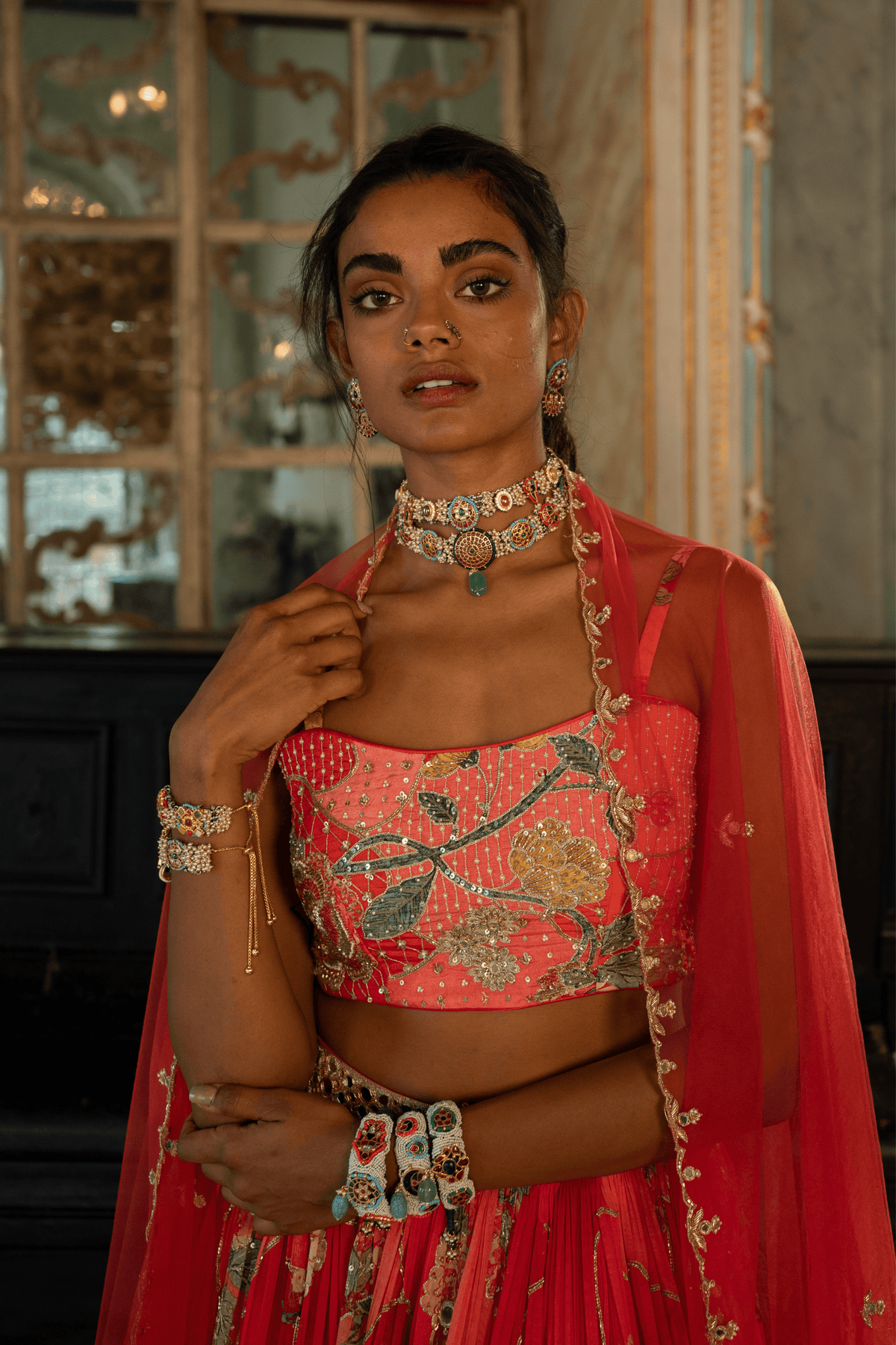Red Nakhsa Printed Lehenga Set