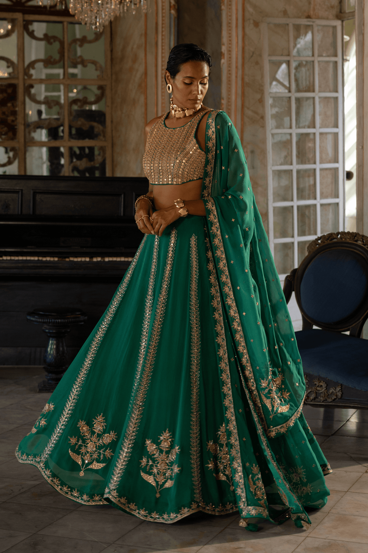 Green mirror Blouse Lehenga Set