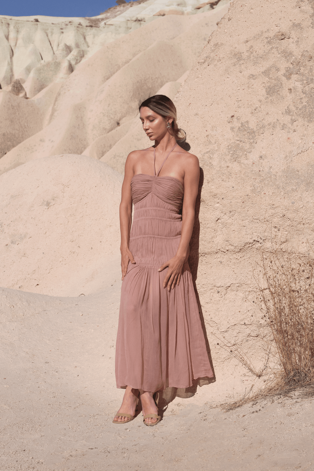 Rosegold Micro-pleated Off Shoulder Dress