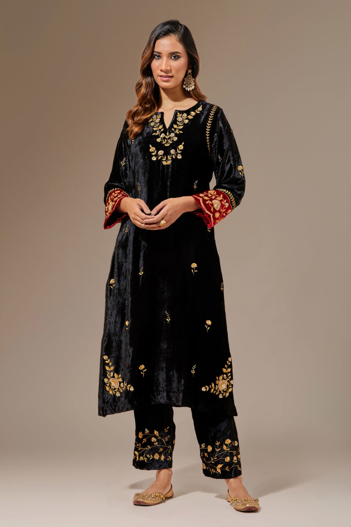Black Velvet Hand Embroidered Contrast Sleeve Kurta