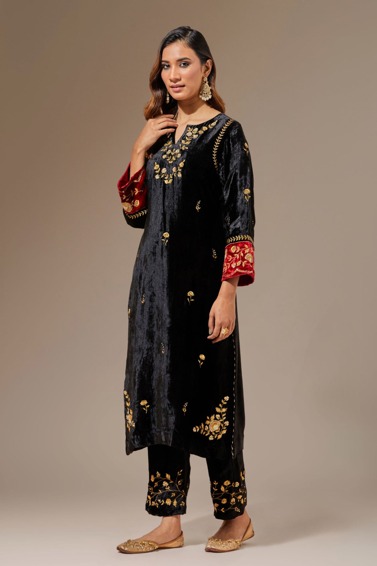 Black Velvet Hand Embroidered Contrast Sleeve Kurta