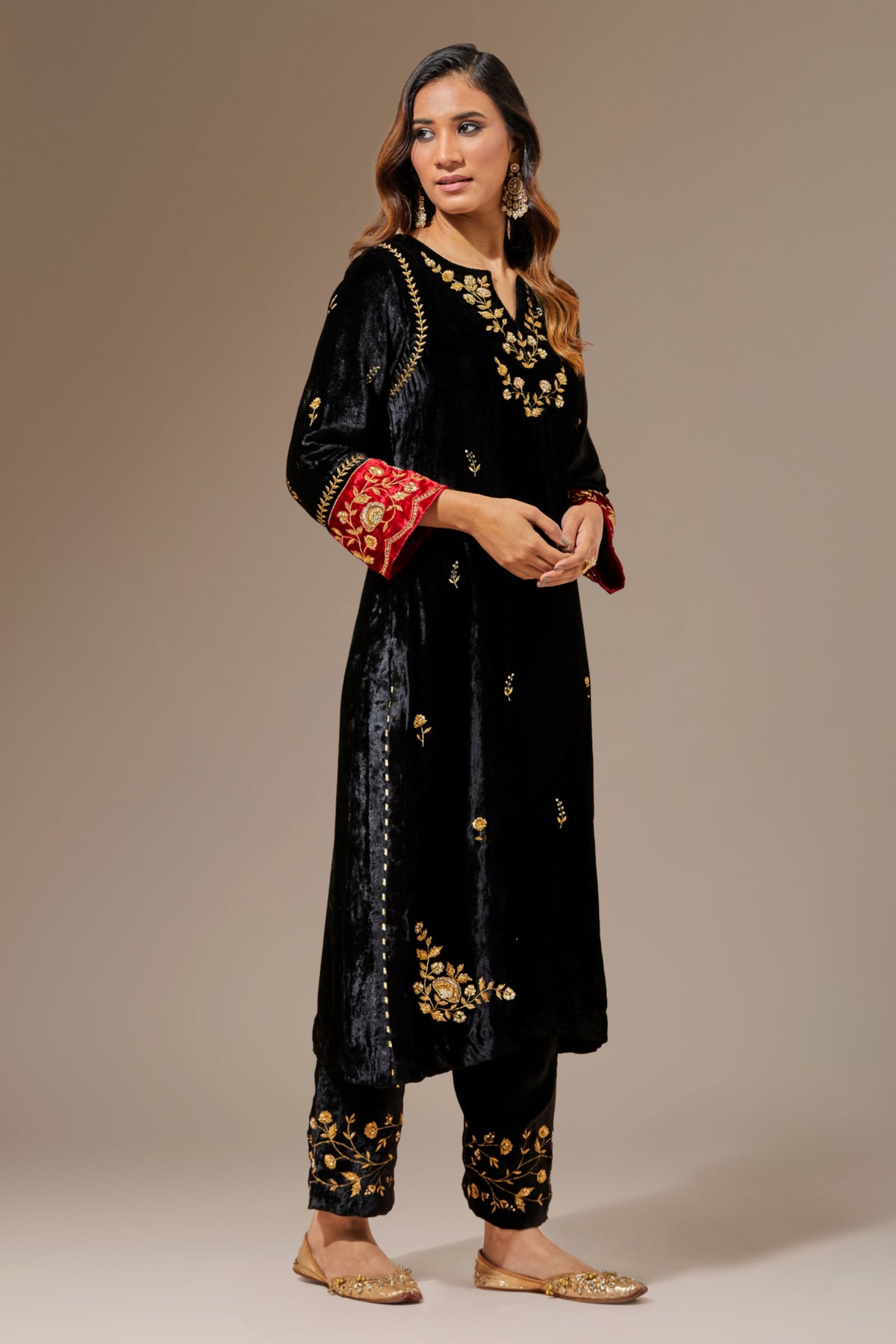 Black Velvet Hand Embroidered Contrast Sleeve Kurta