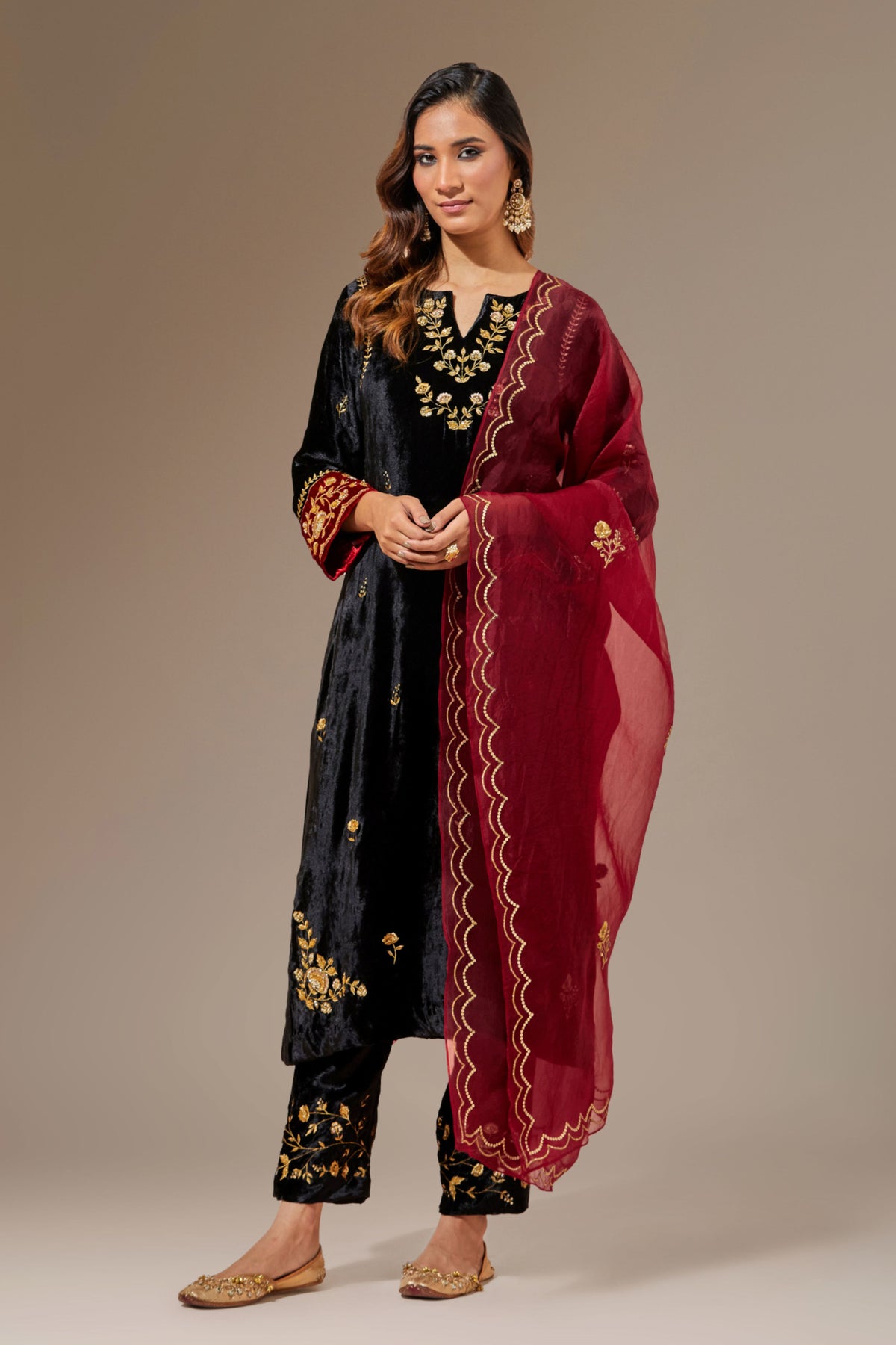 Black Velvet Hand Embroidered Contrast Sleeve Kurta