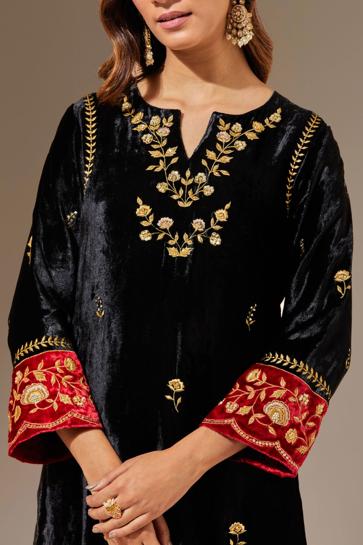 Black Velvet Hand Embroidered Contrast Sleeve Kurta