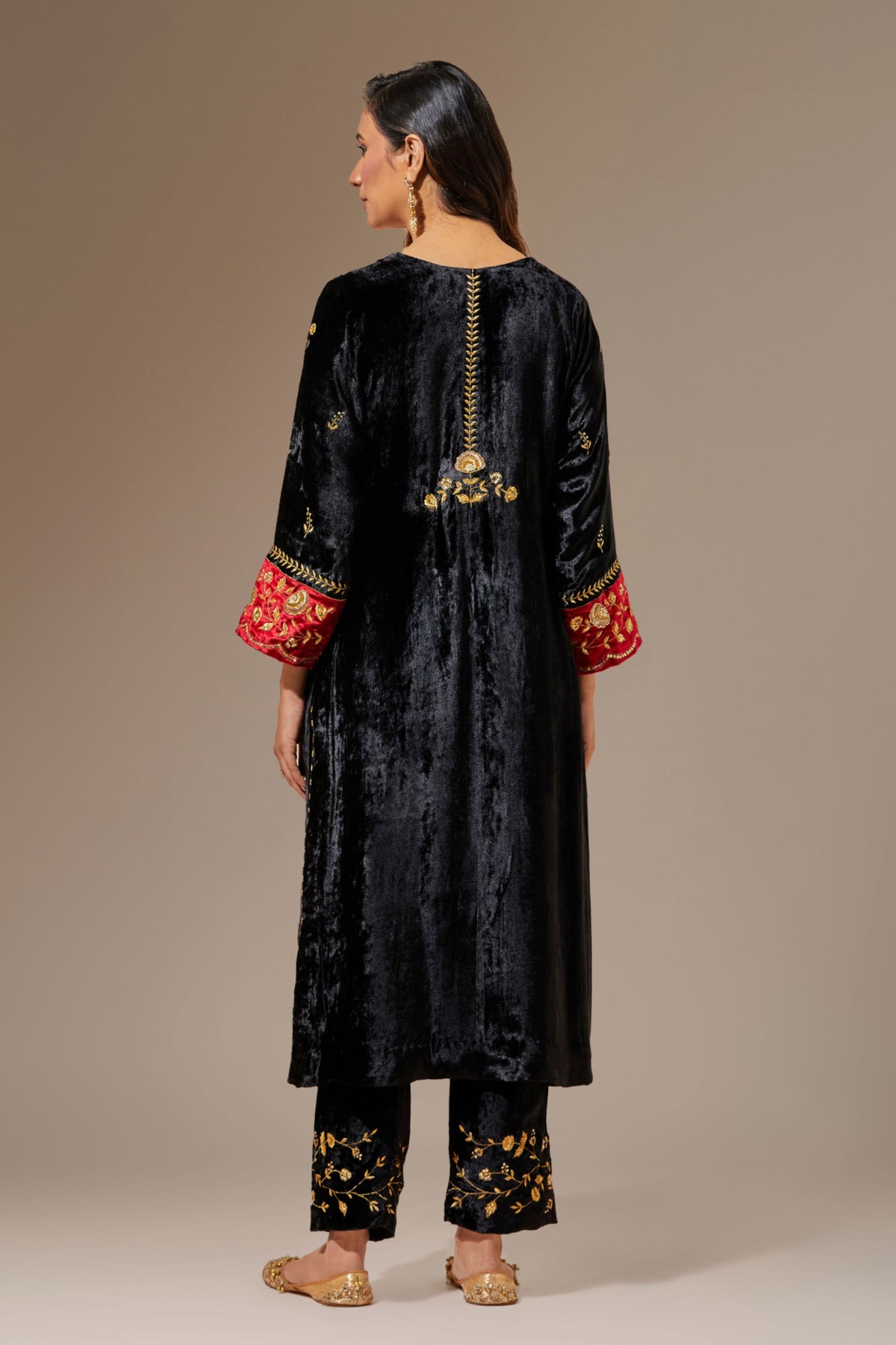 Black Velvet Hand Embroidered Contrast Sleeve Kurta