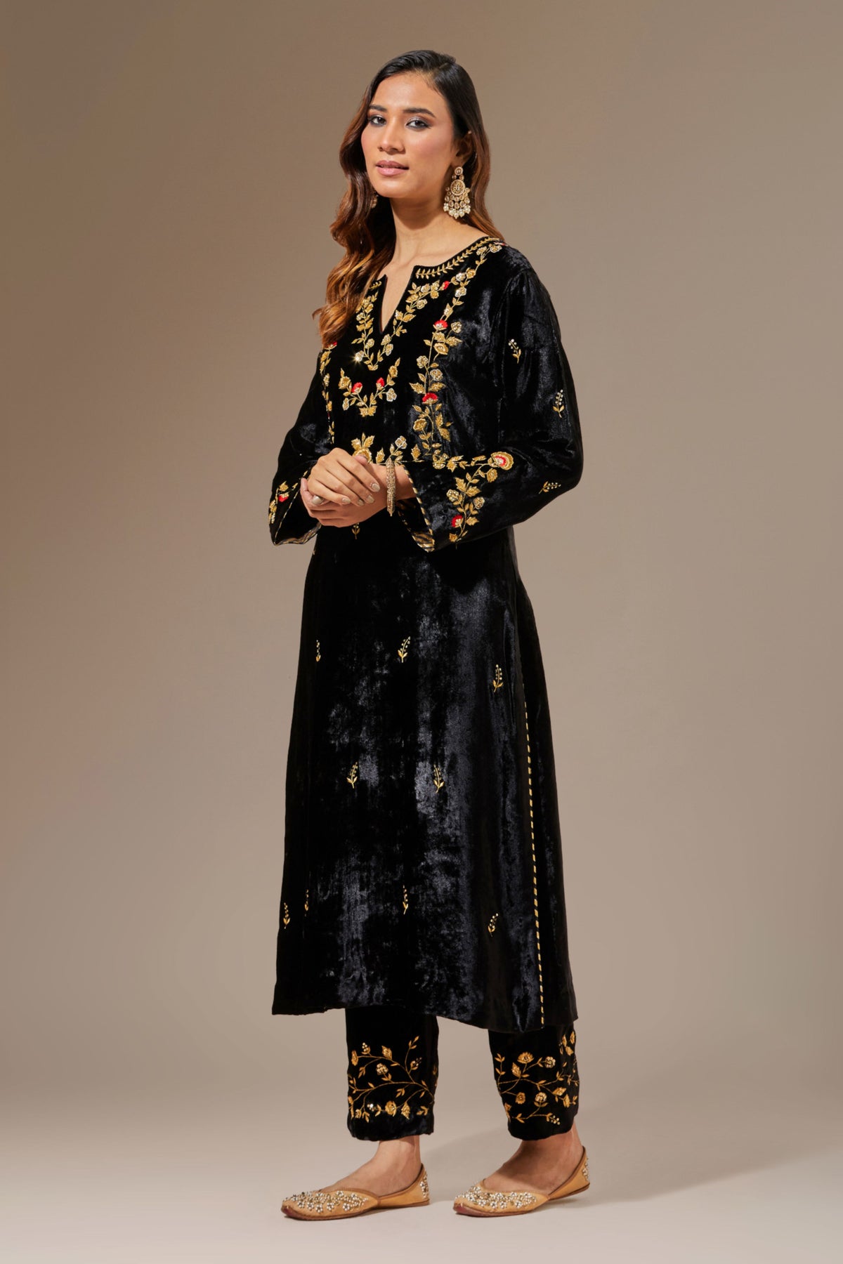 Black Velvet Kurta With Hand Embroidery