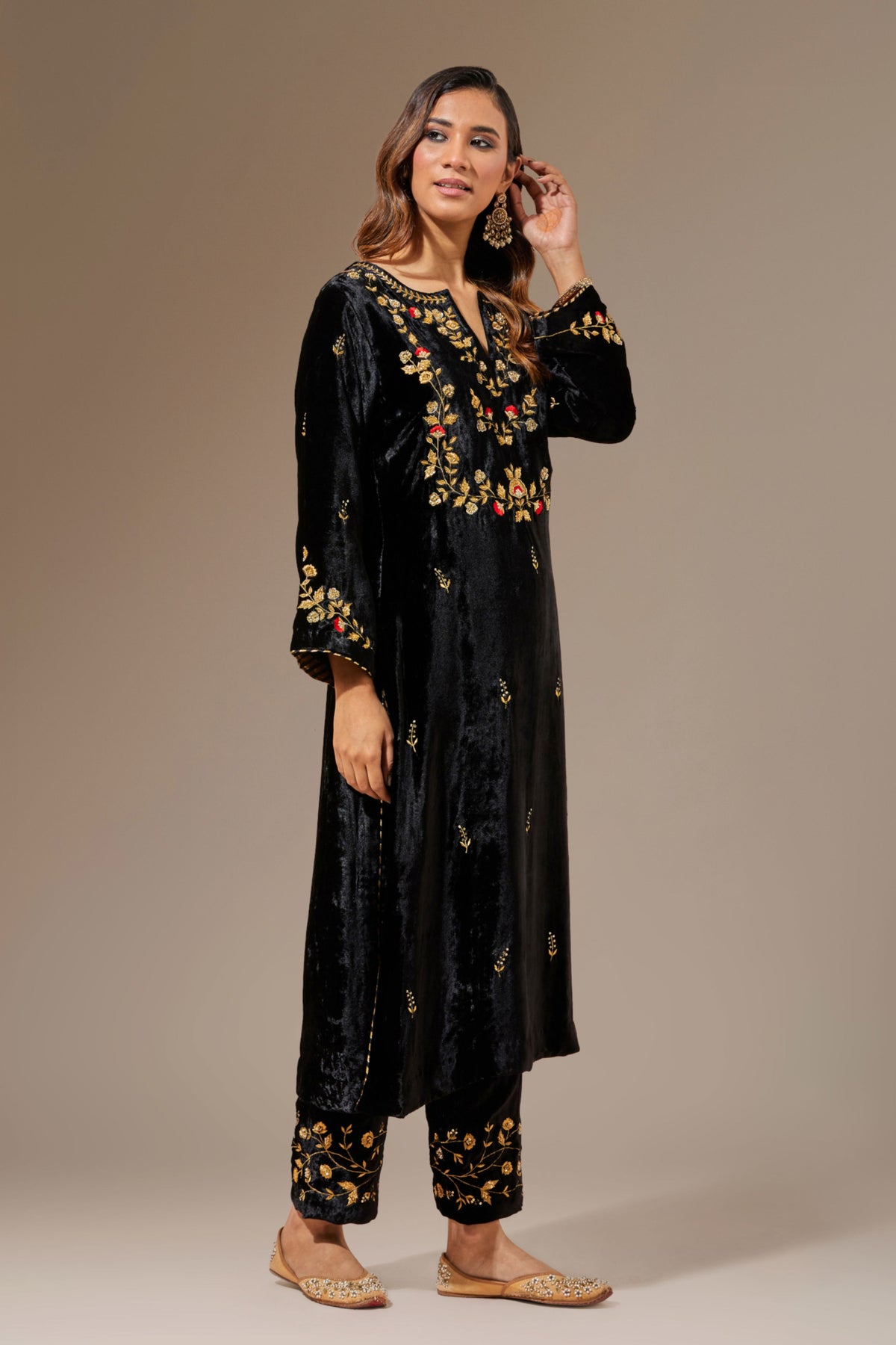 Black Velvet Kurta With Hand Embroidery