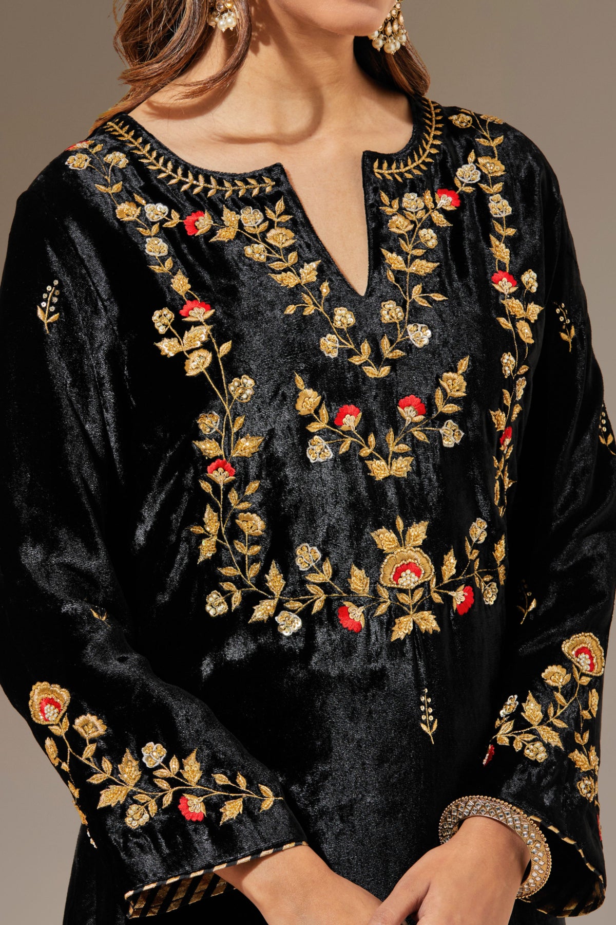 Black Velvet Kurta With Hand Embroidery