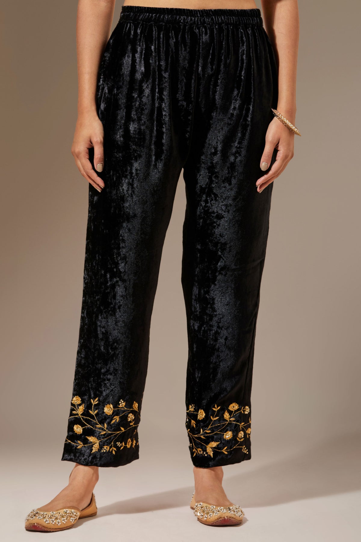Black Velvet Pant With Embroidery