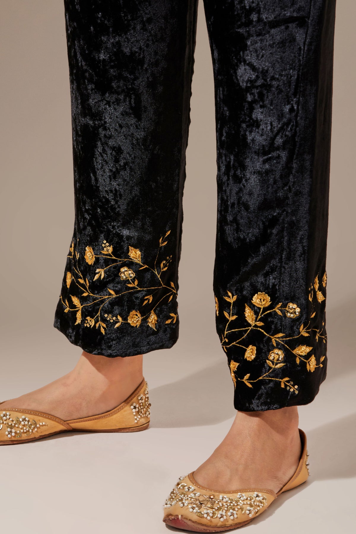 Black Velvet Pant With Embroidery