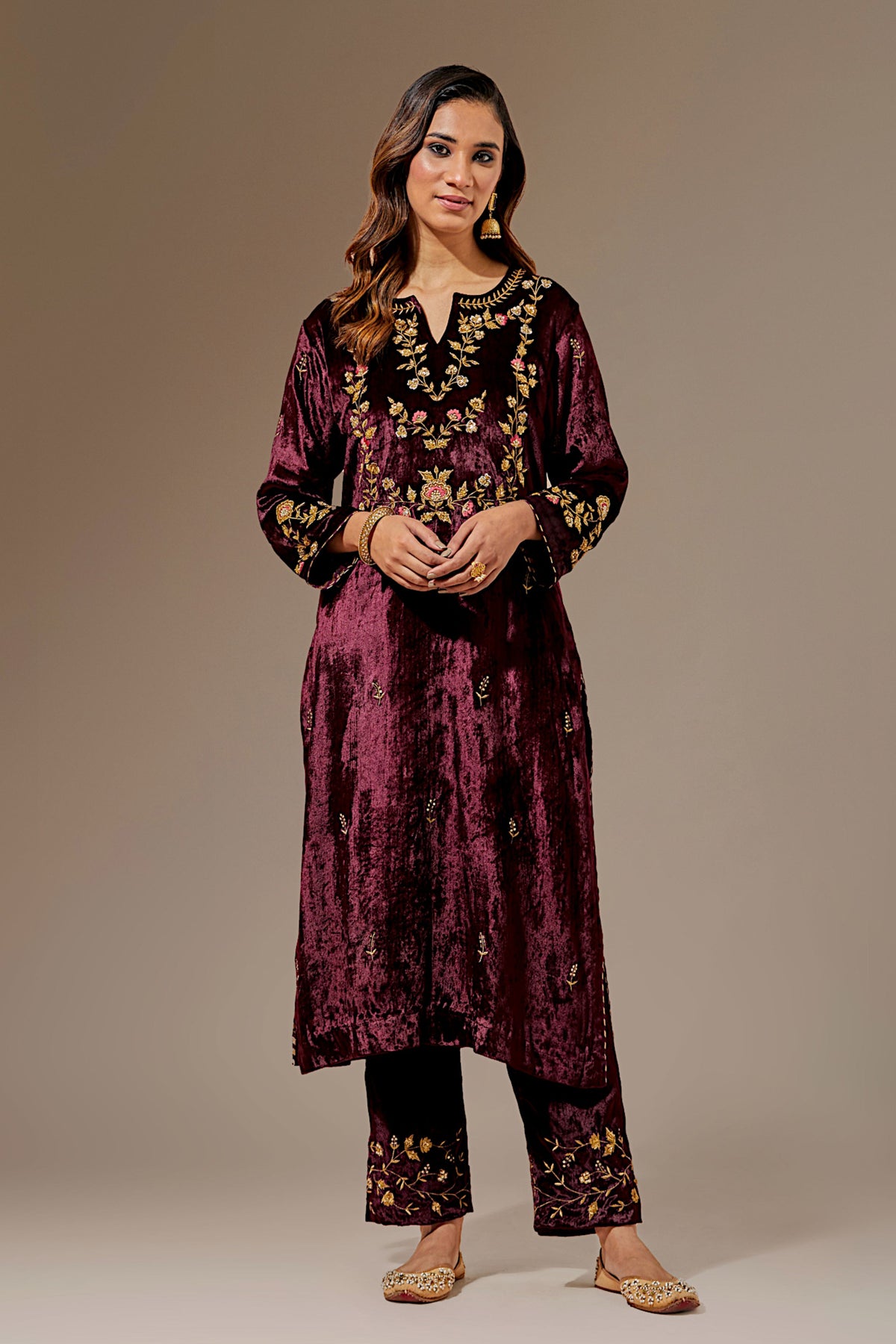 Wine Velvet Kurta With Hand Embroidery
