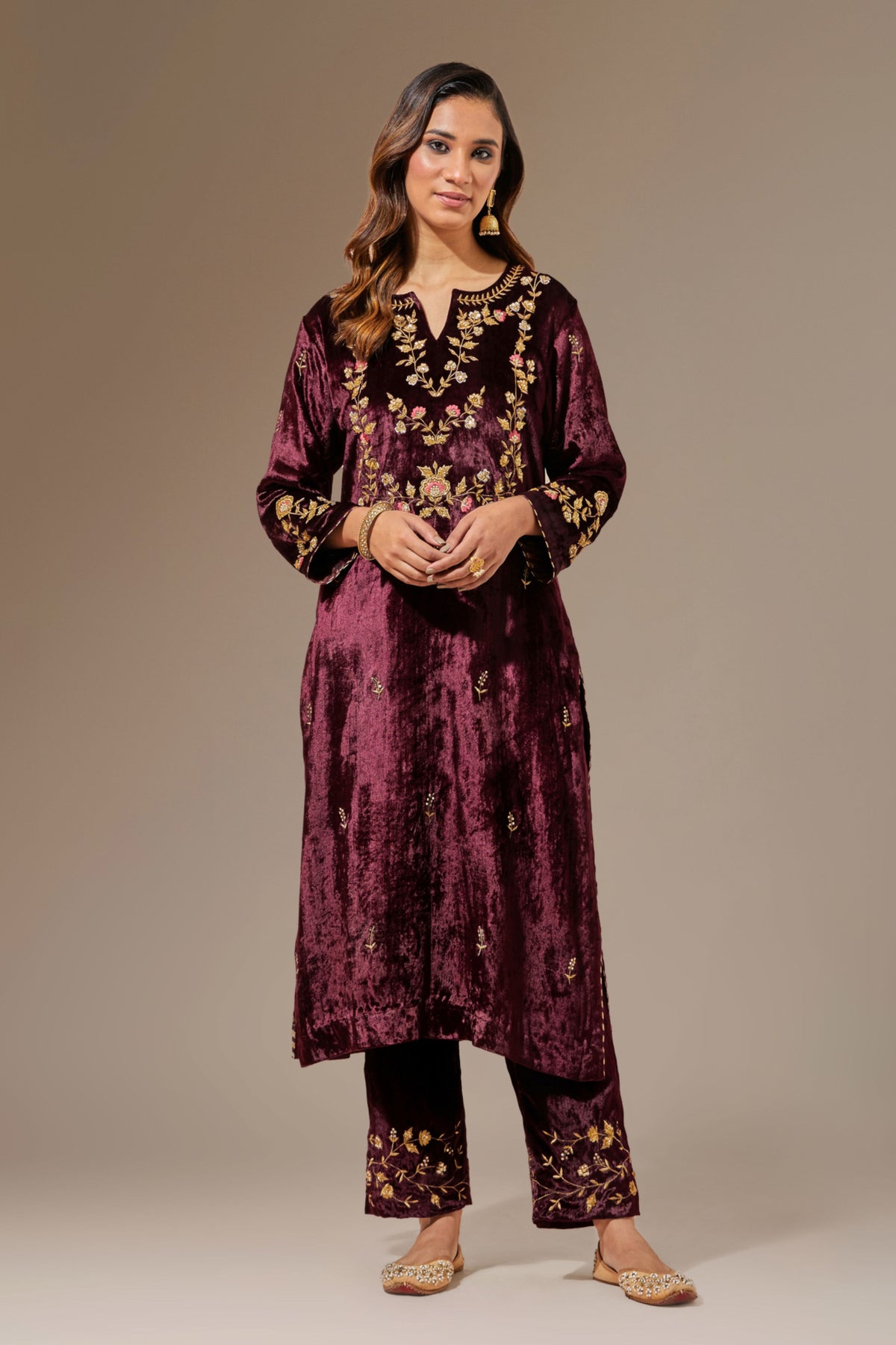 Wine Velvet Pant With Embroidery