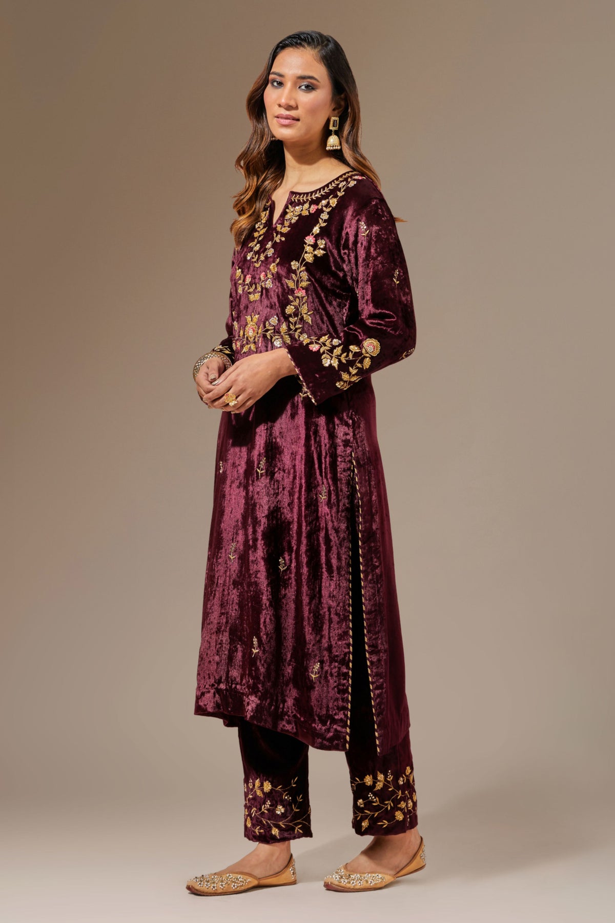 Wine Velvet Kurta With Hand Embroidery