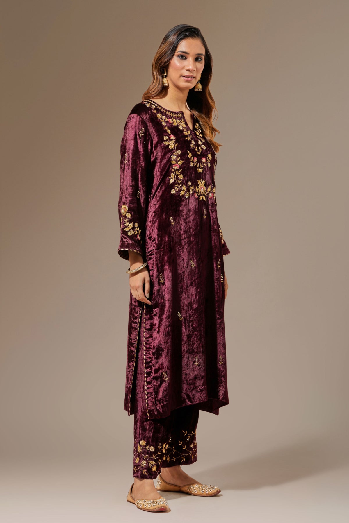 Wine Velvet Kurta With Hand Embroidery