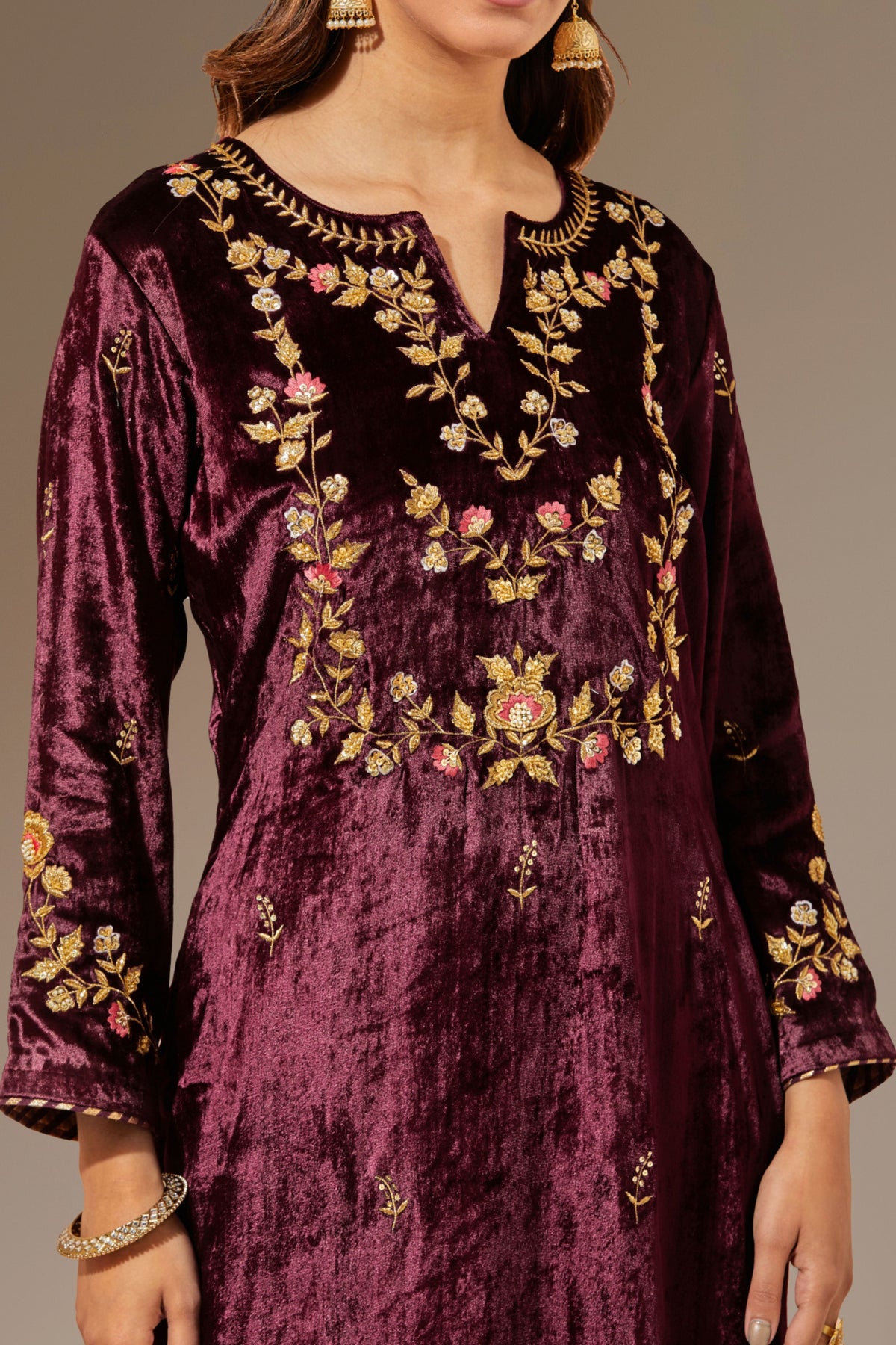 Wine Velvet Kurta With Hand Embroidery