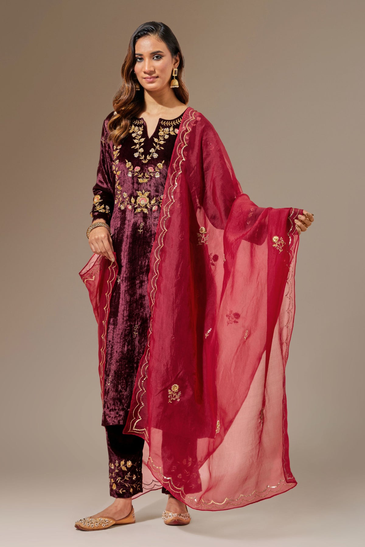 Deep Pink Hand Embroidered Organza Dupatta