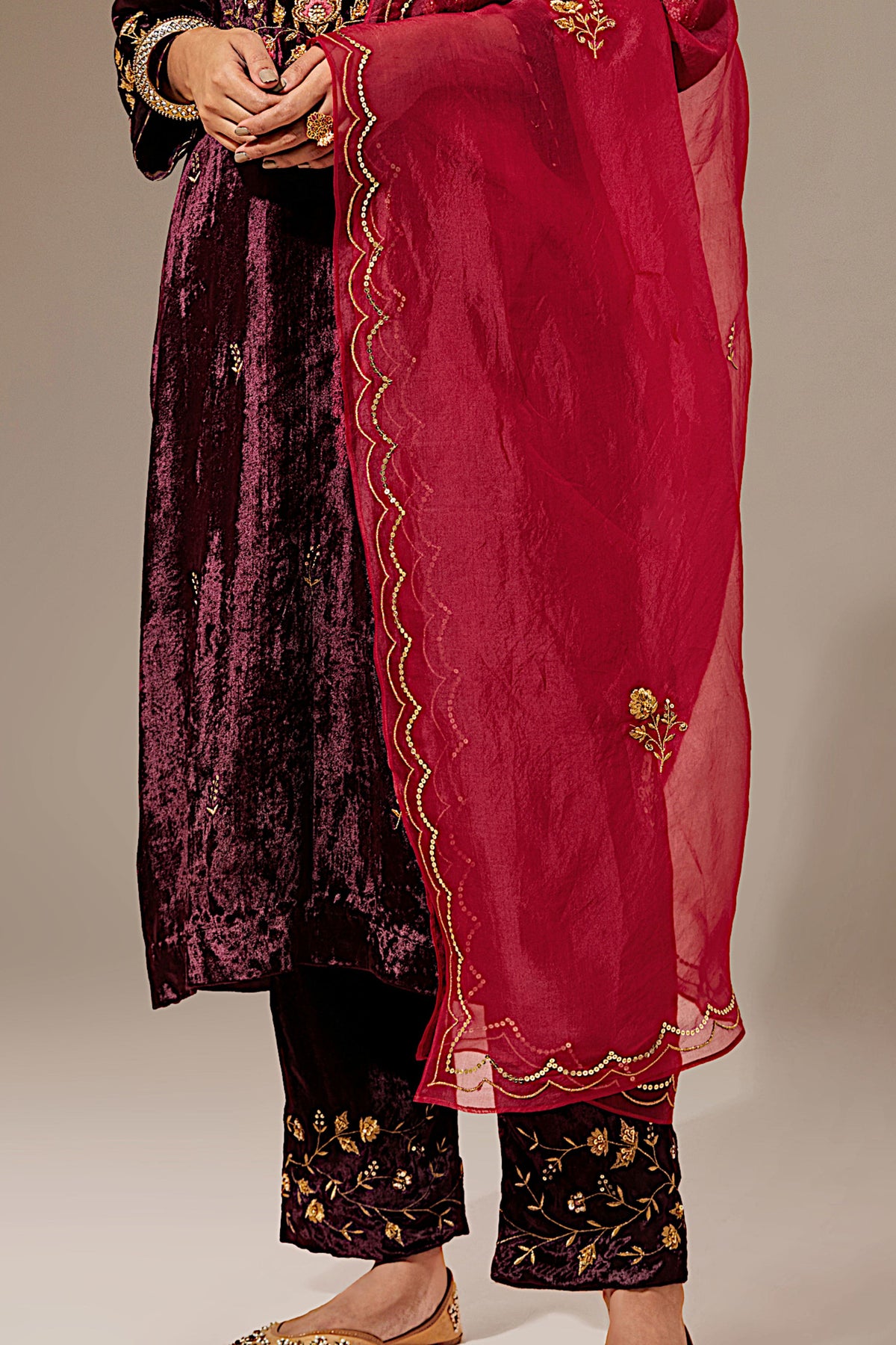 Deep Pink Hand Embroidered Organza Dupatta