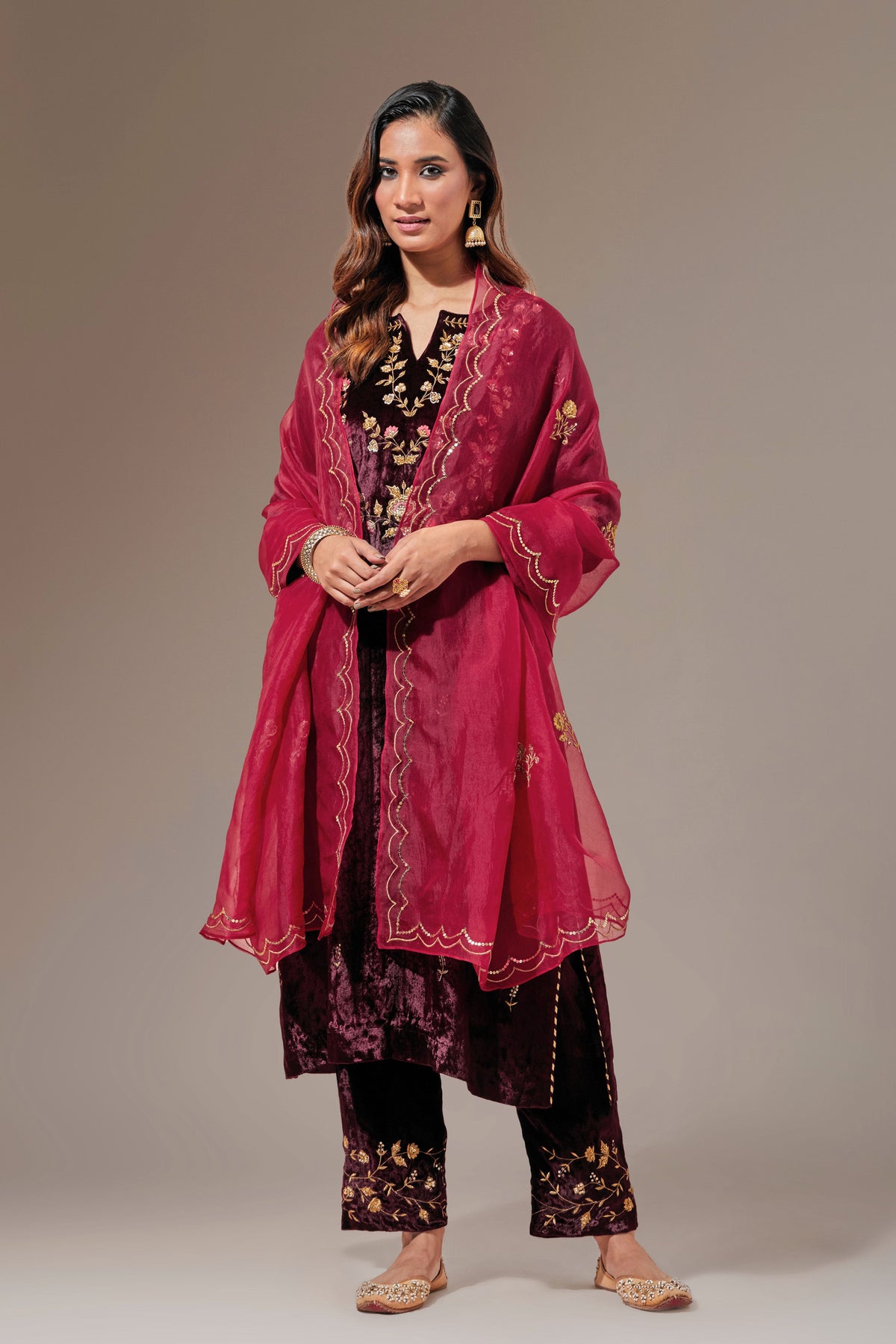 Wine Velvet Kurta With Hand Embroidery