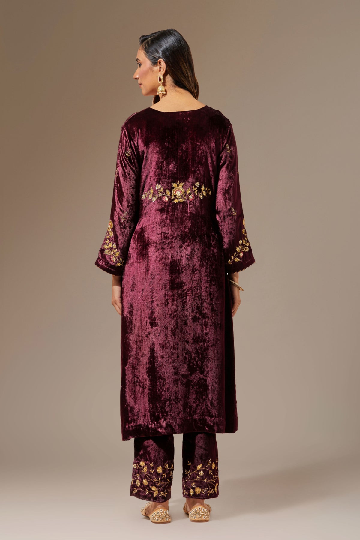 Wine Velvet Kurta With Hand Embroidery