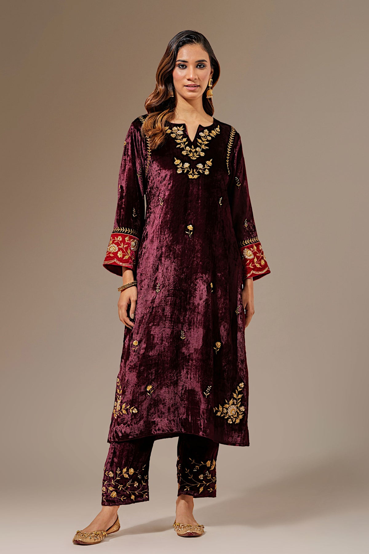 Wine Velvet Hand Embroidered Contrast Sleeve Kurta