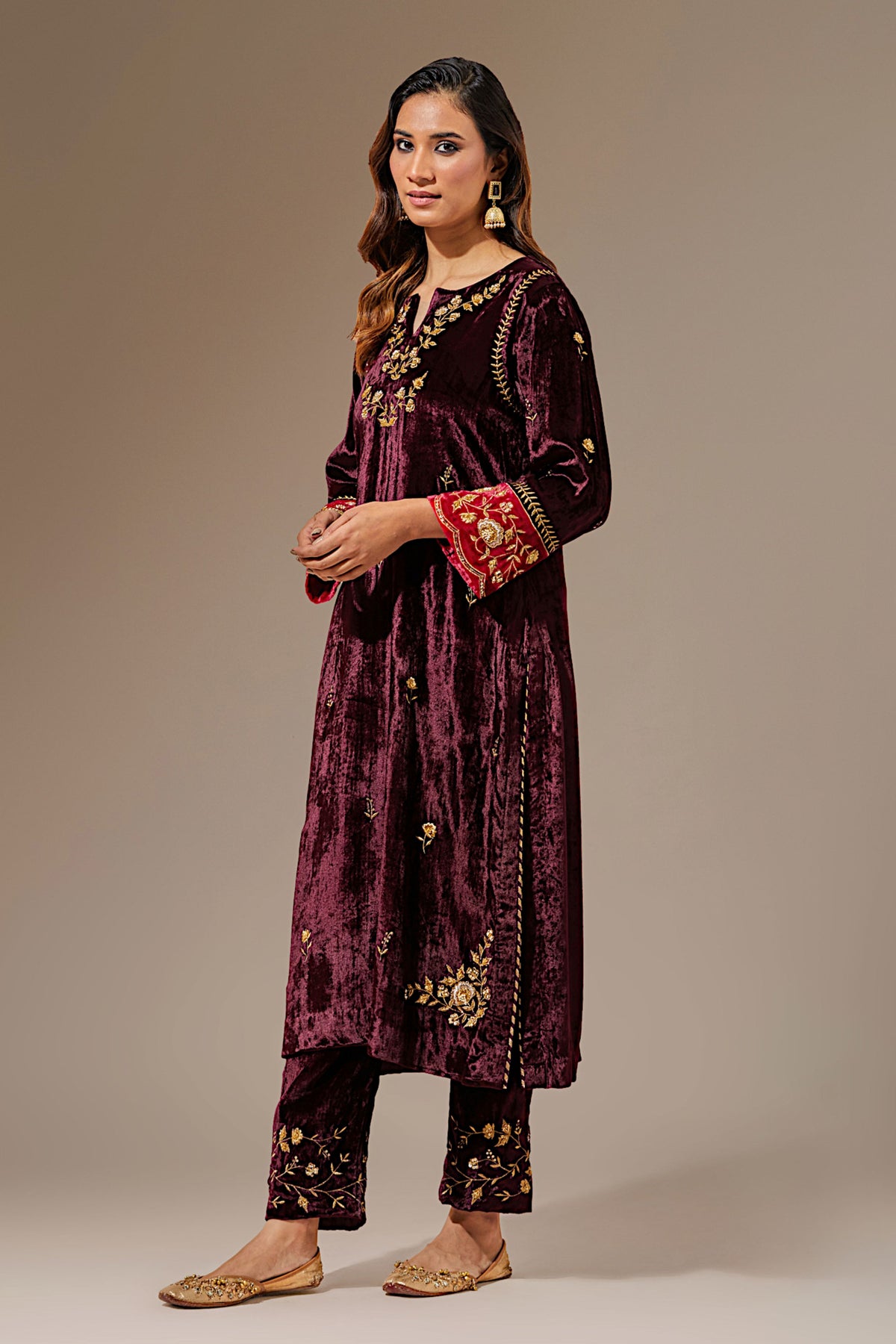 Wine Velvet Hand Embroidered Contrast Sleeve Kurta