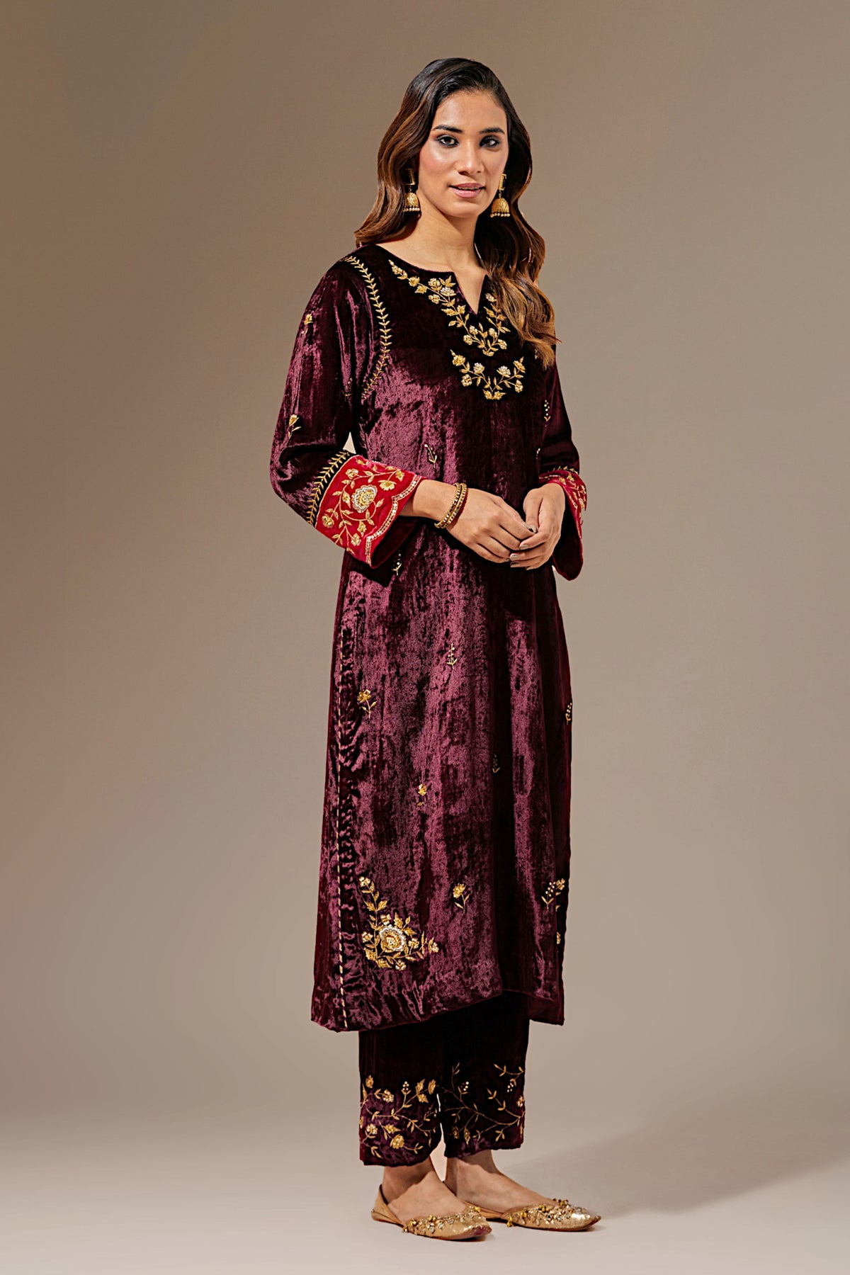 Wine Velvet Hand Embroidered Contrast Sleeve Kurta