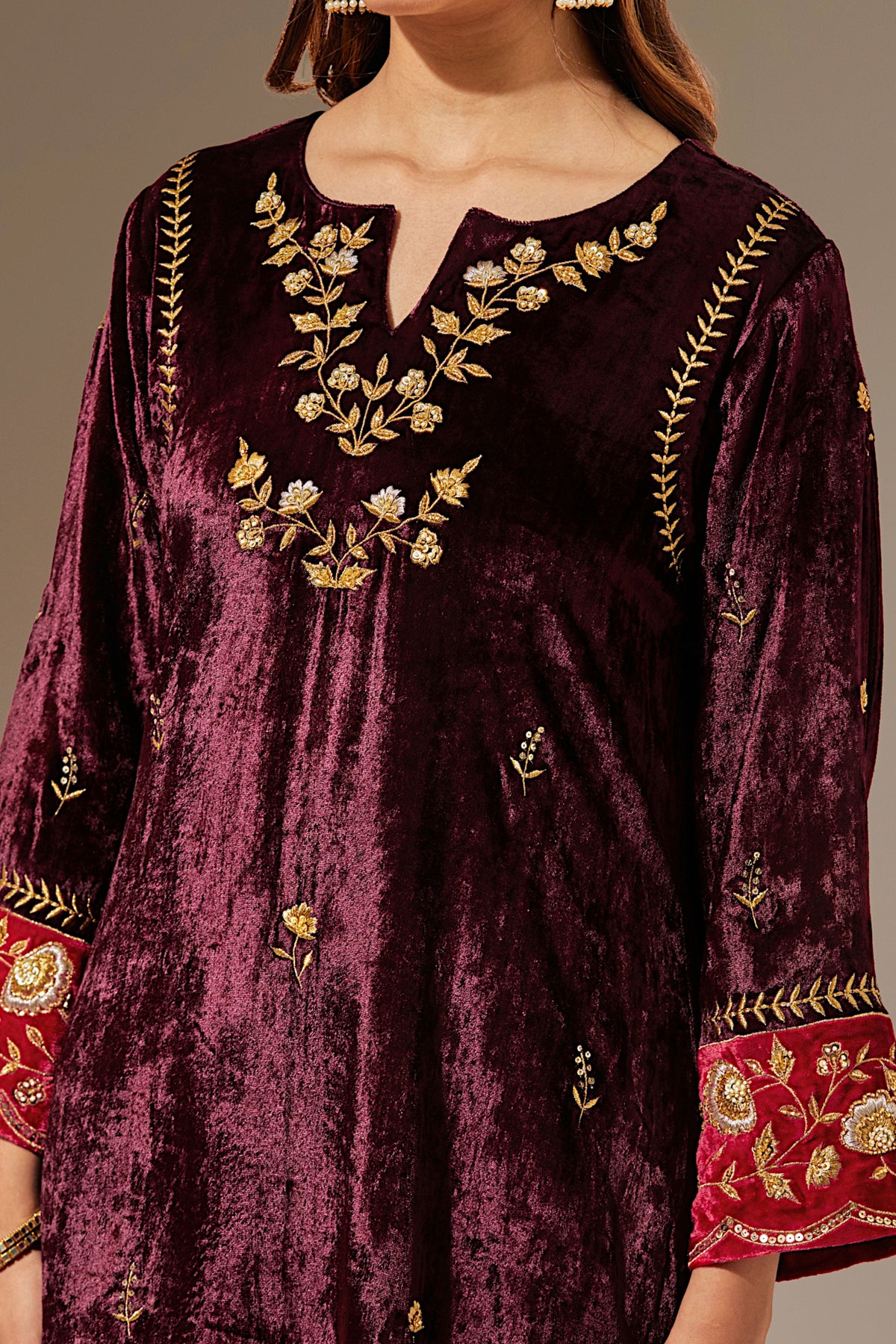 Wine Velvet Hand Embroidered Contrast Sleeve Kurta
