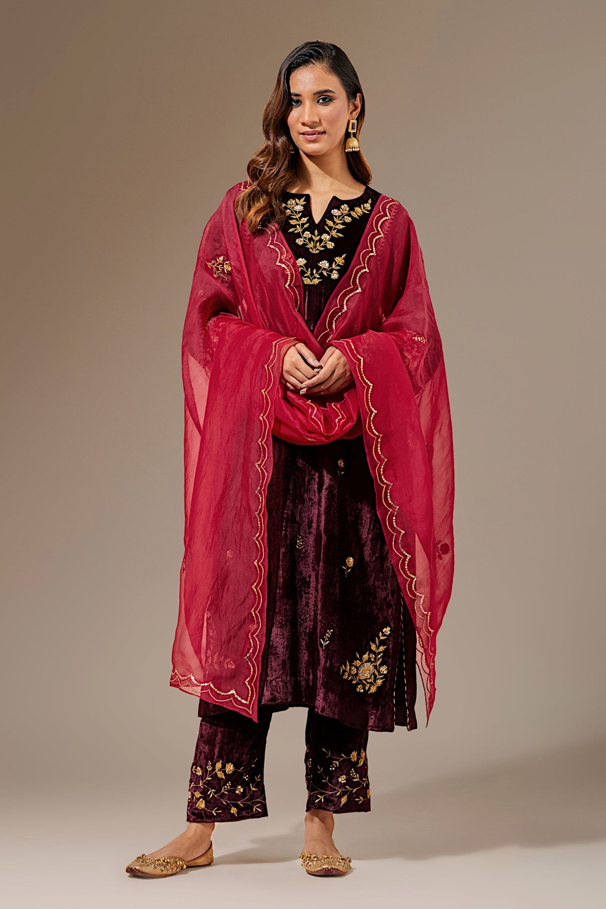Wine Velvet Hand Embroidered Contrast Sleeve Kurta