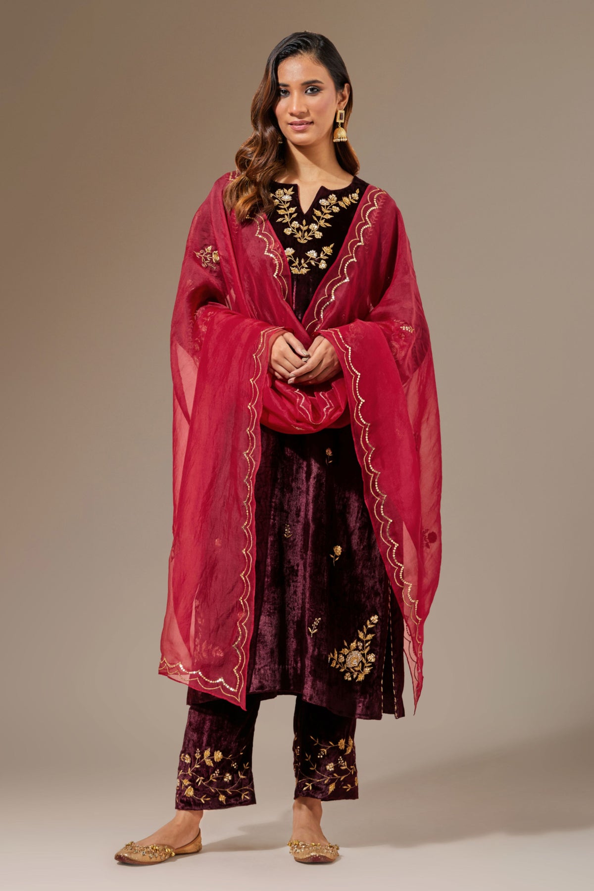 Deep Pink Hand Embroidered Organza Dupatta