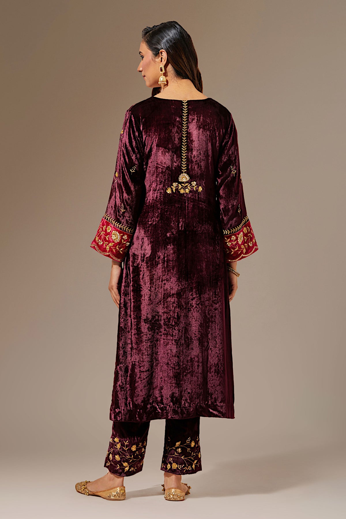 Wine Velvet Hand Embroidered Contrast Sleeve Kurta