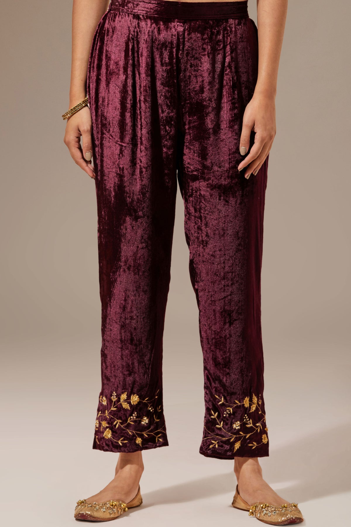 Wine Velvet Pant With Embroidery