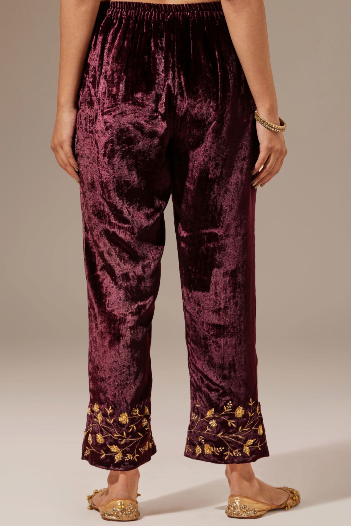 Wine Velvet Pant With Embroidery