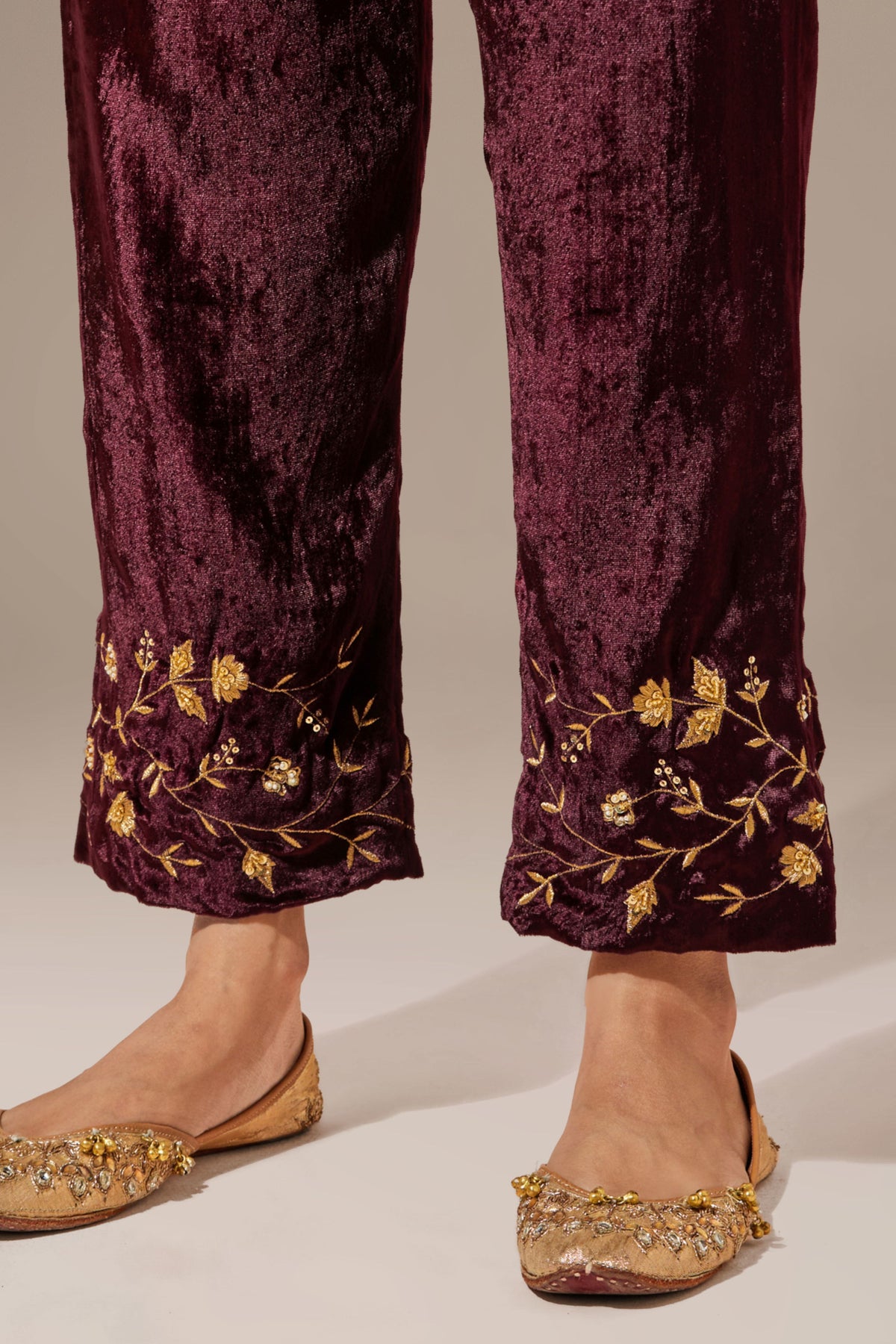 Wine Velvet Pant With Embroidery