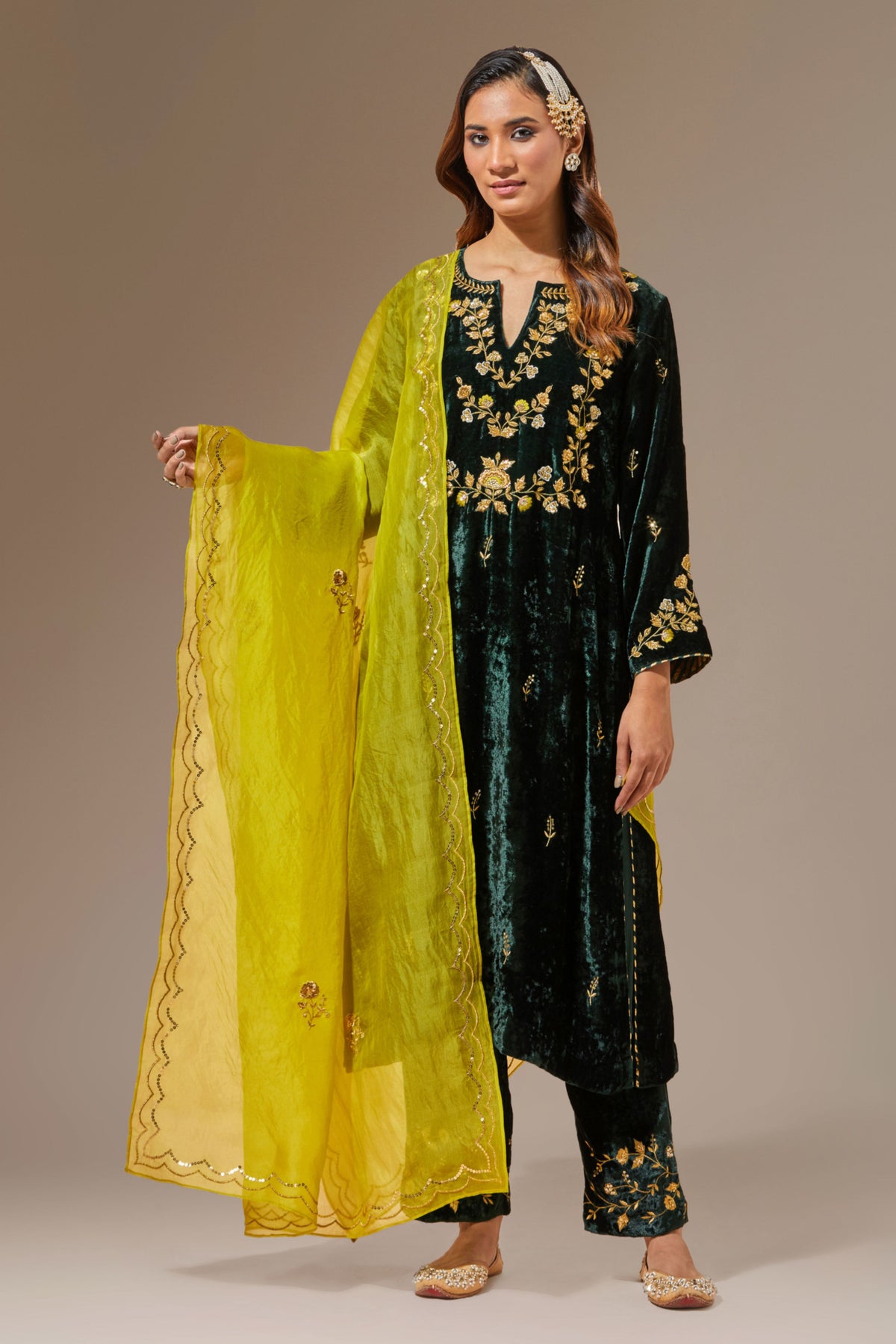 Lime Green Hand Embroidered Organza Dupatta