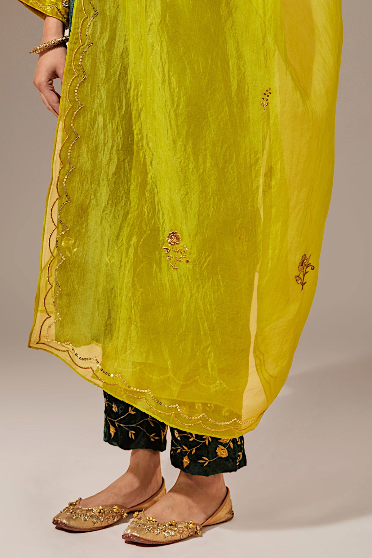 Lime Green Hand Embroidered Organza Dupatta
