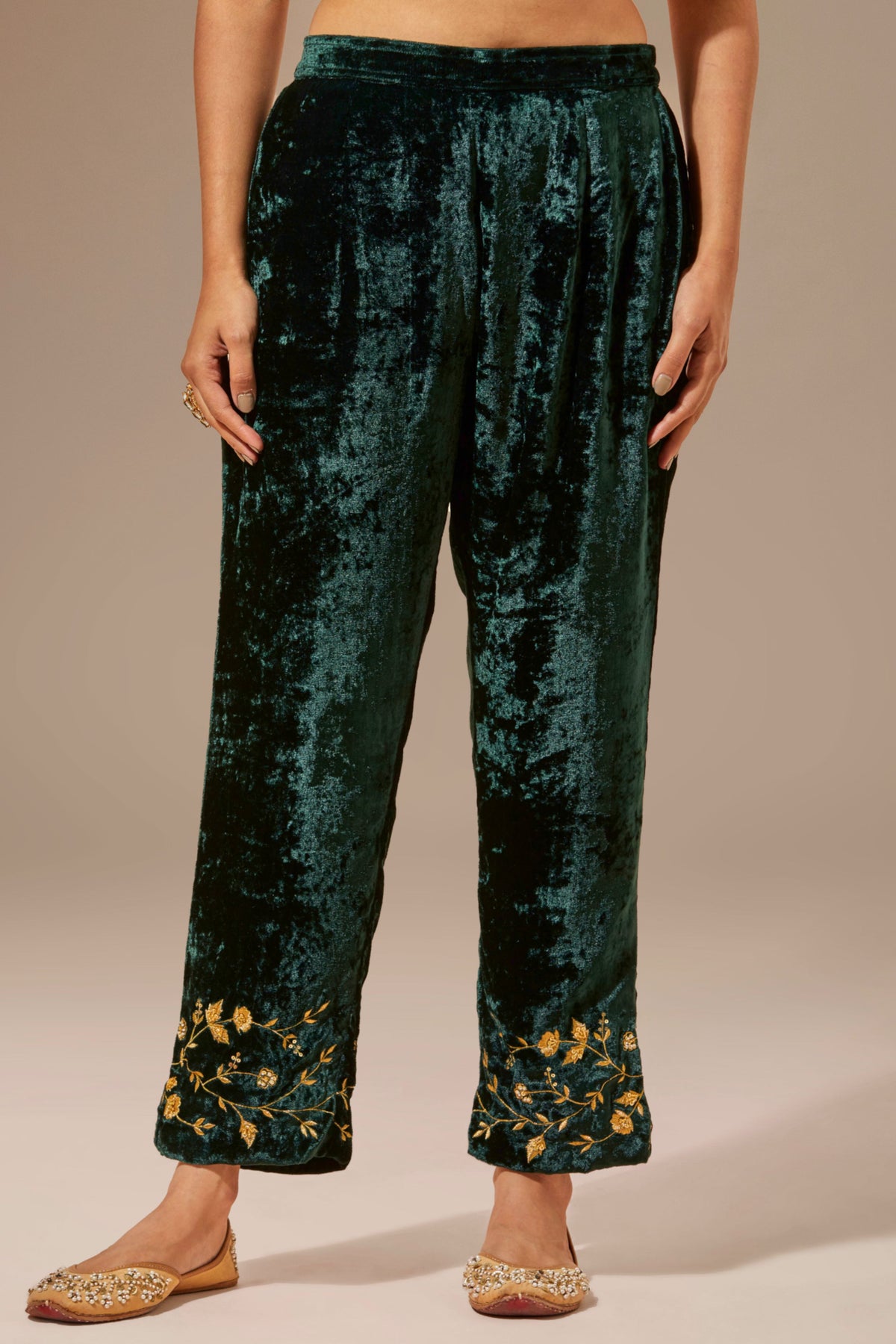 Green Velvet Pant With Embroidery