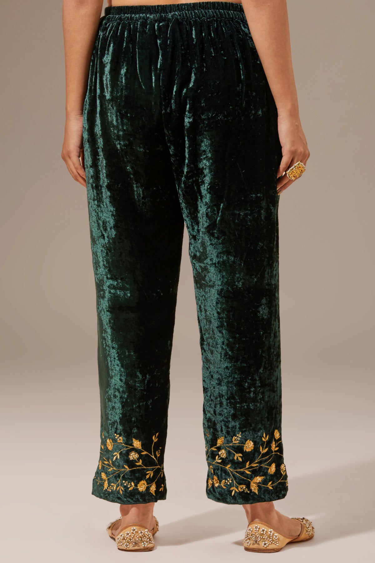 Green Velvet Pant With Embroidery