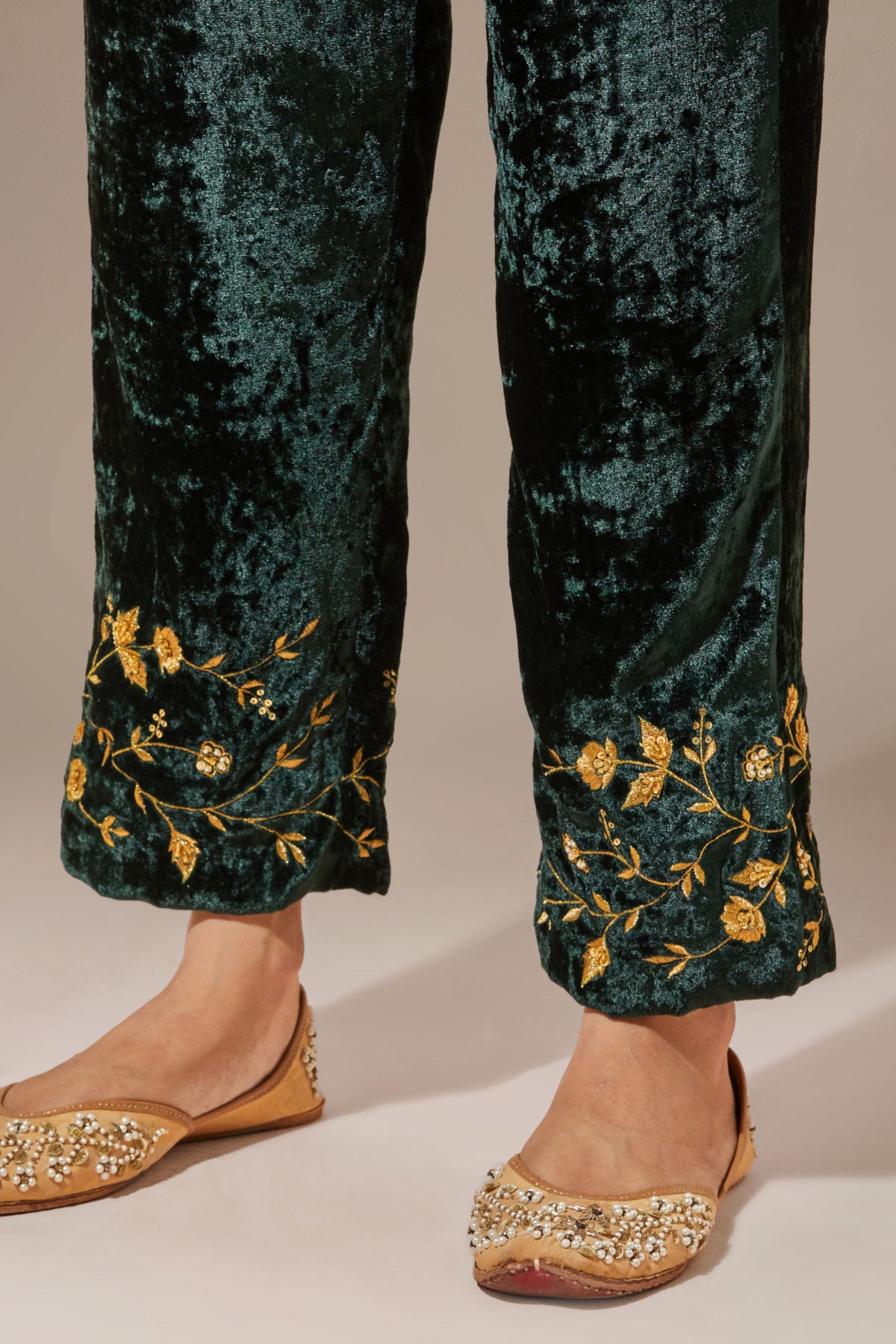 Green Velvet Pant With Embroidery