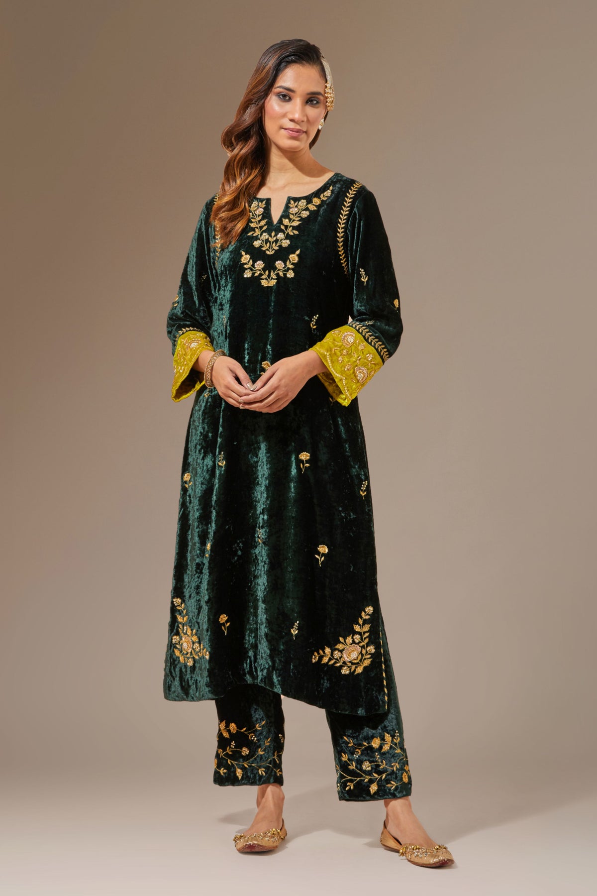 Green Velvet Pant With Embroidery