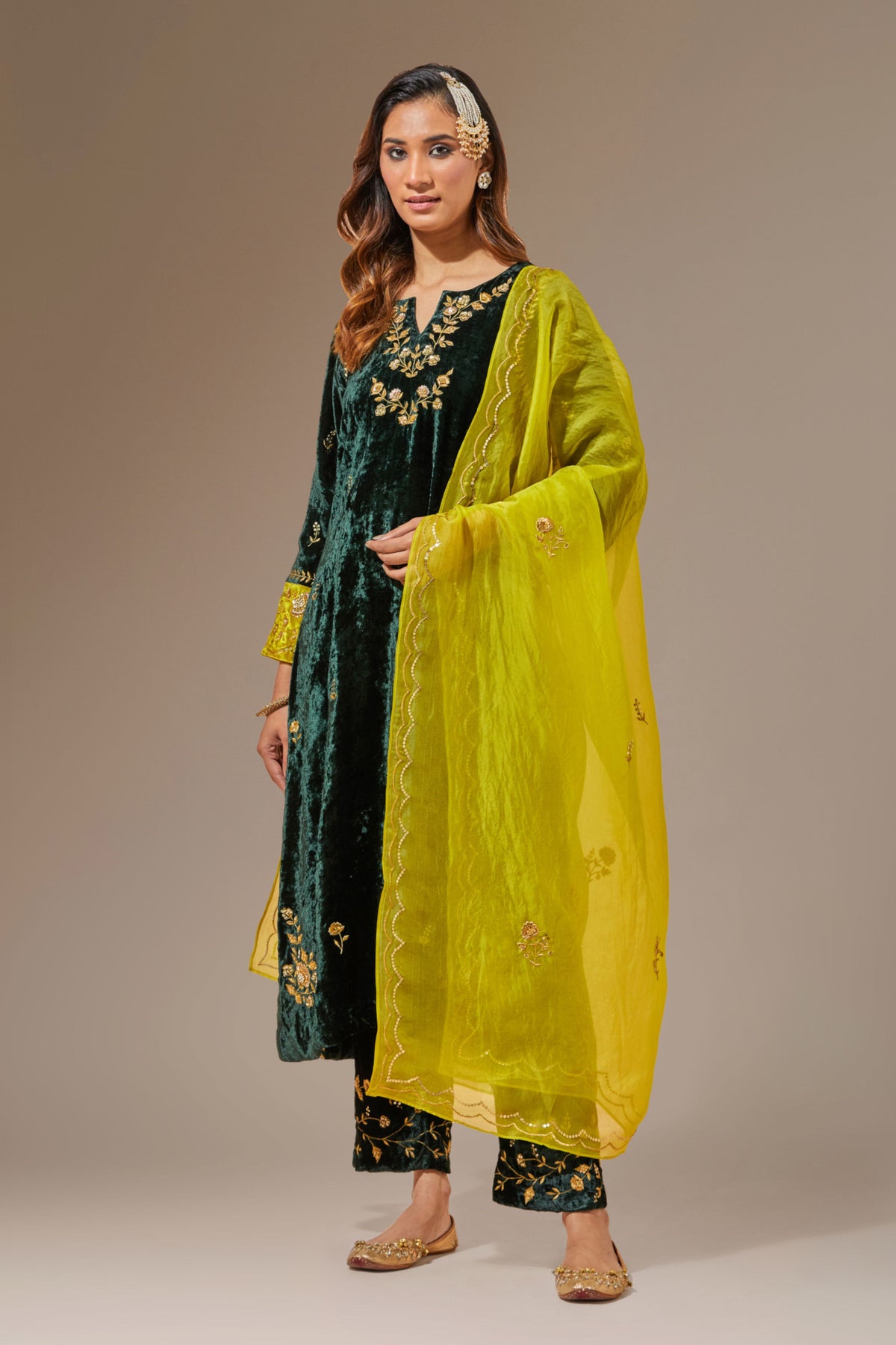 Lime Green Hand Embroidered Organza Dupatta